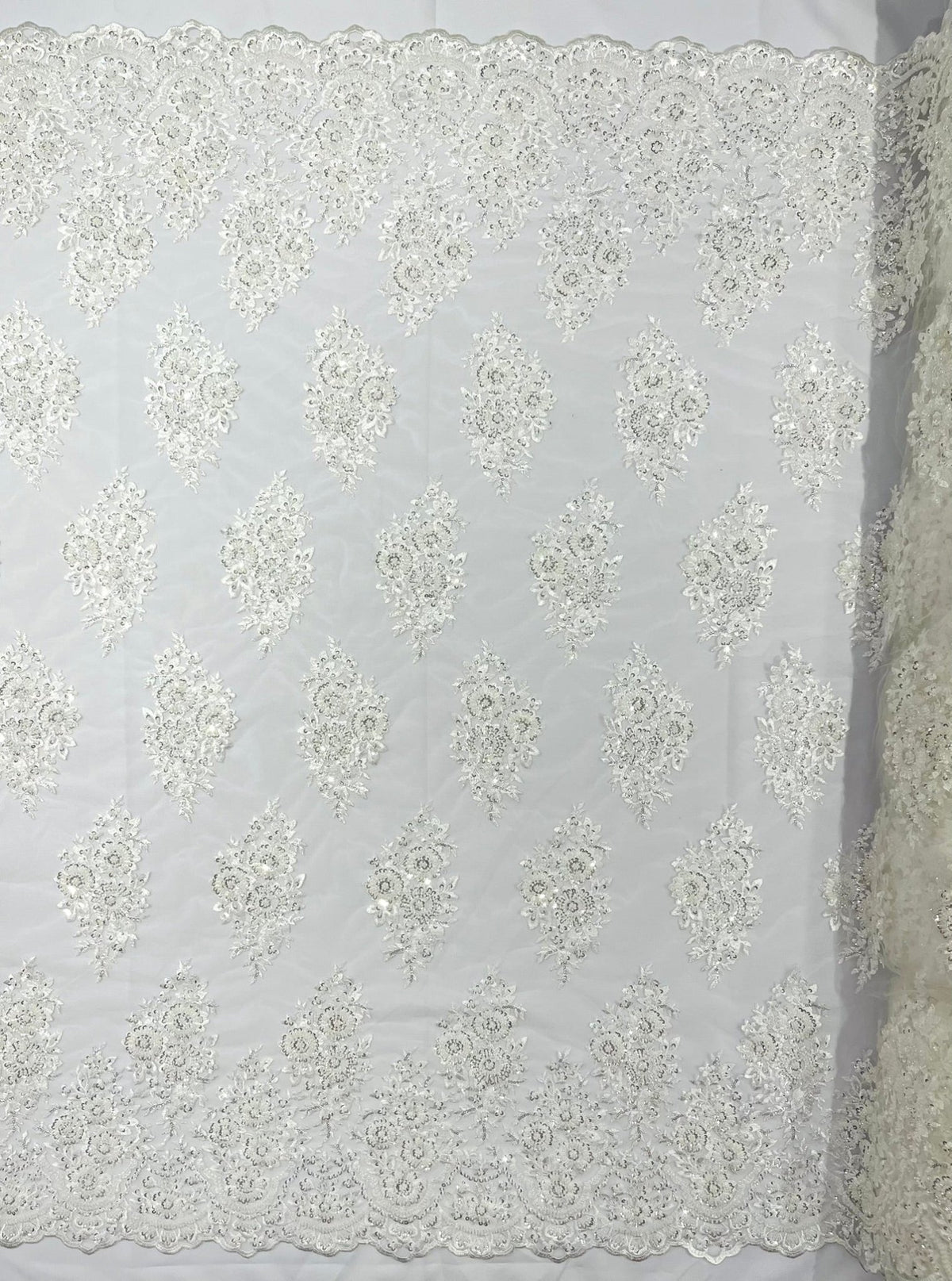 Princess Beaded Damask Lace On Mesh| 54" Wide| Wedding Fabric| Prom. - New Creations Fabric & Foam Inc