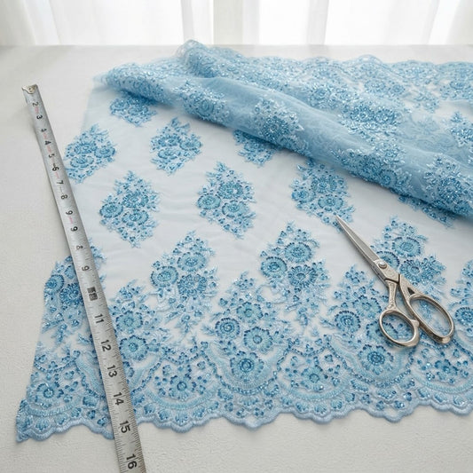Princess Beaded Damask Lace On Mesh| 54" Wide| Wedding Fabric| Prom. - New Creations Fabric & Foam Inc