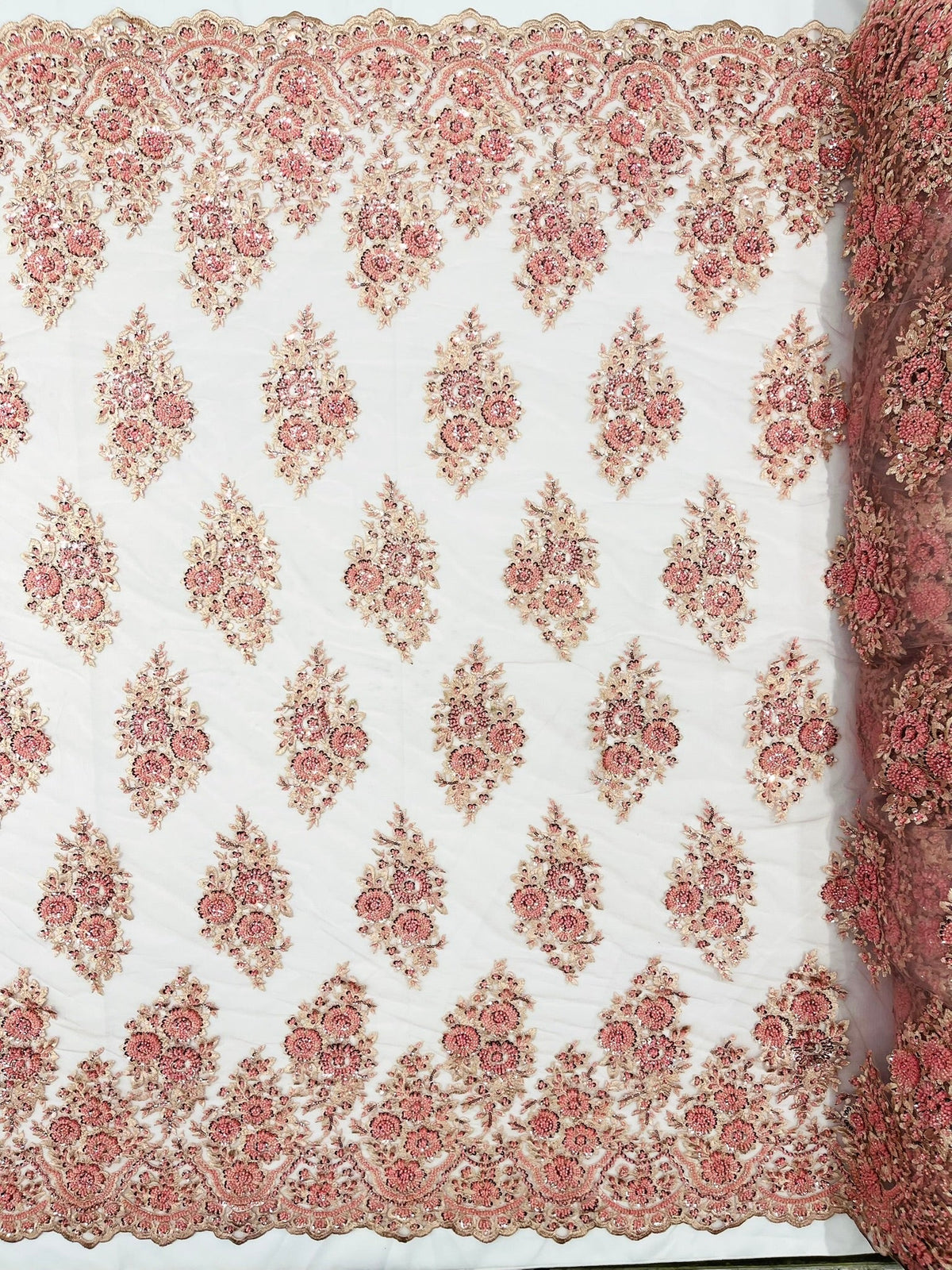 Princess Beaded Damask Lace On Mesh| 54" Wide| Wedding Fabric| Prom. - New Creations Fabric & Foam Inc