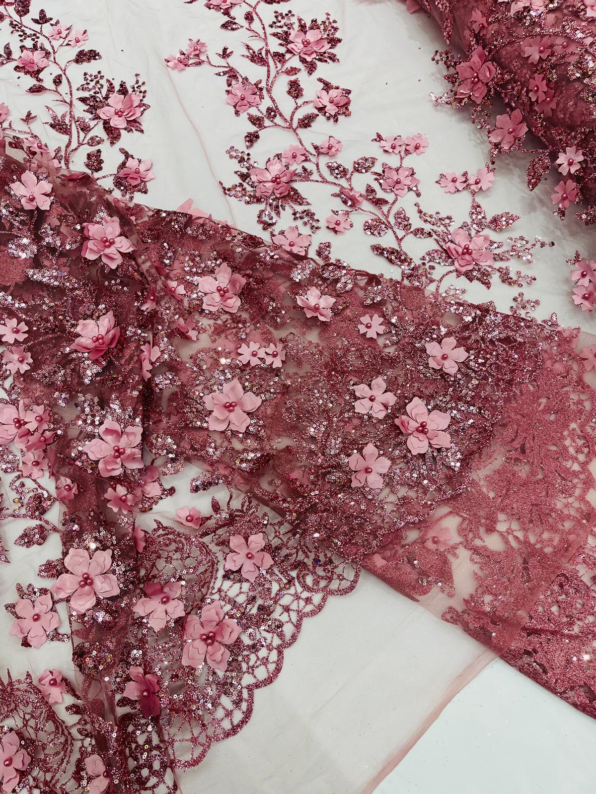 Princess Glitter 3d floral design fabric lace| New Creations Fabric & Foam Inc. - New Creations Fabric & Foam Inc