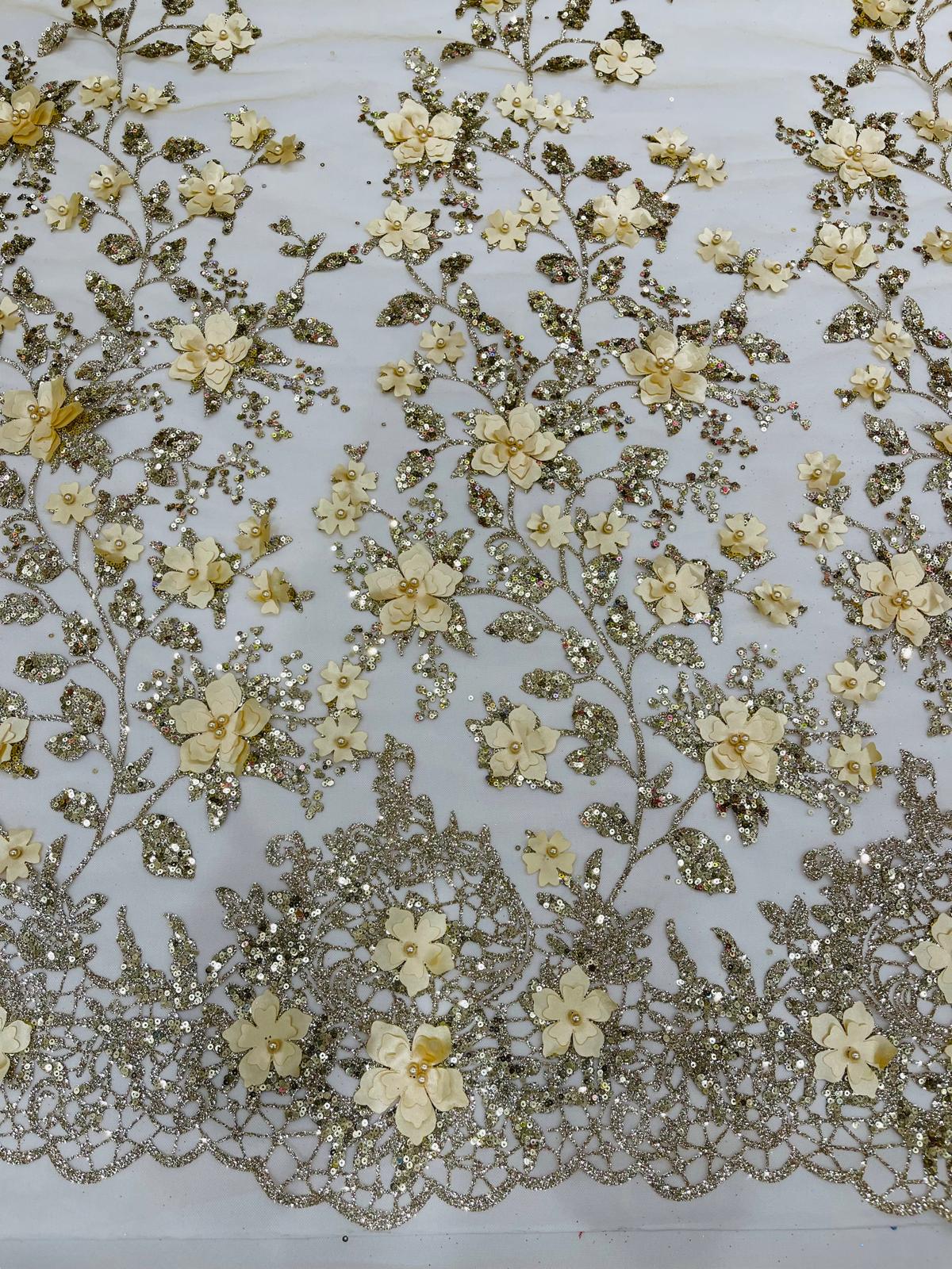Princess Glitter 3d floral design fabric lace| New Creations Fabric & Foam Inc. - New Creations Fabric & Foam Inc