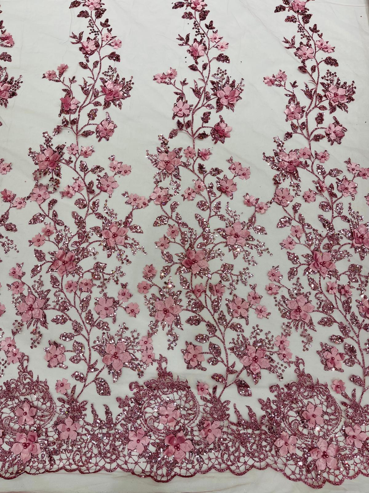 Princess Glitter 3d floral design fabric lace| New Creations Fabric & Foam Inc. - New Creations Fabric & Foam Inc
