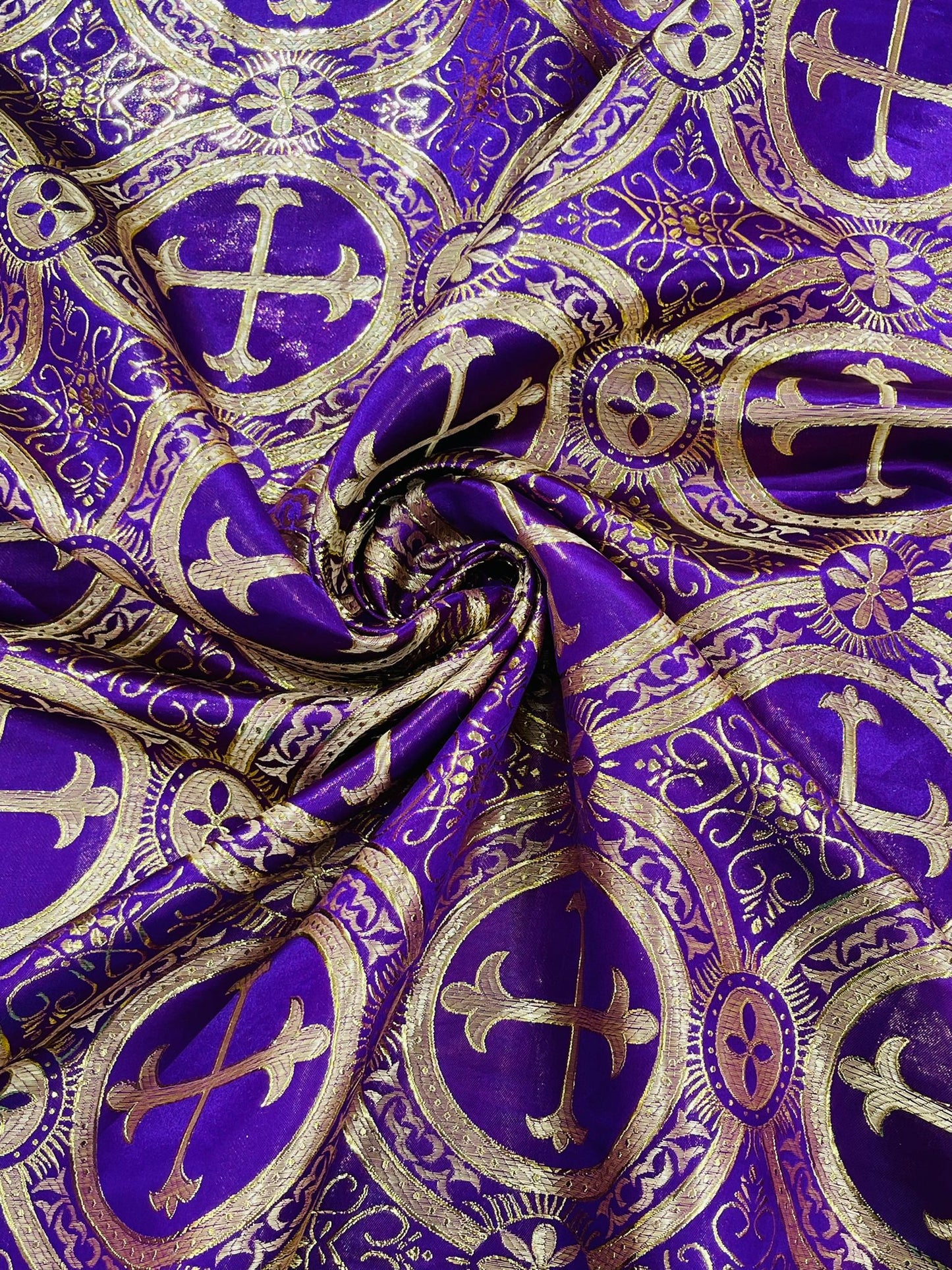 Purple/Gold - Rectangular Metallic Cross Brocade Jacquard Satin Tablecloth Overlay/Religious Brocade/Liturgical Fabric/Church. - New Creations Fabric & Foam Inc