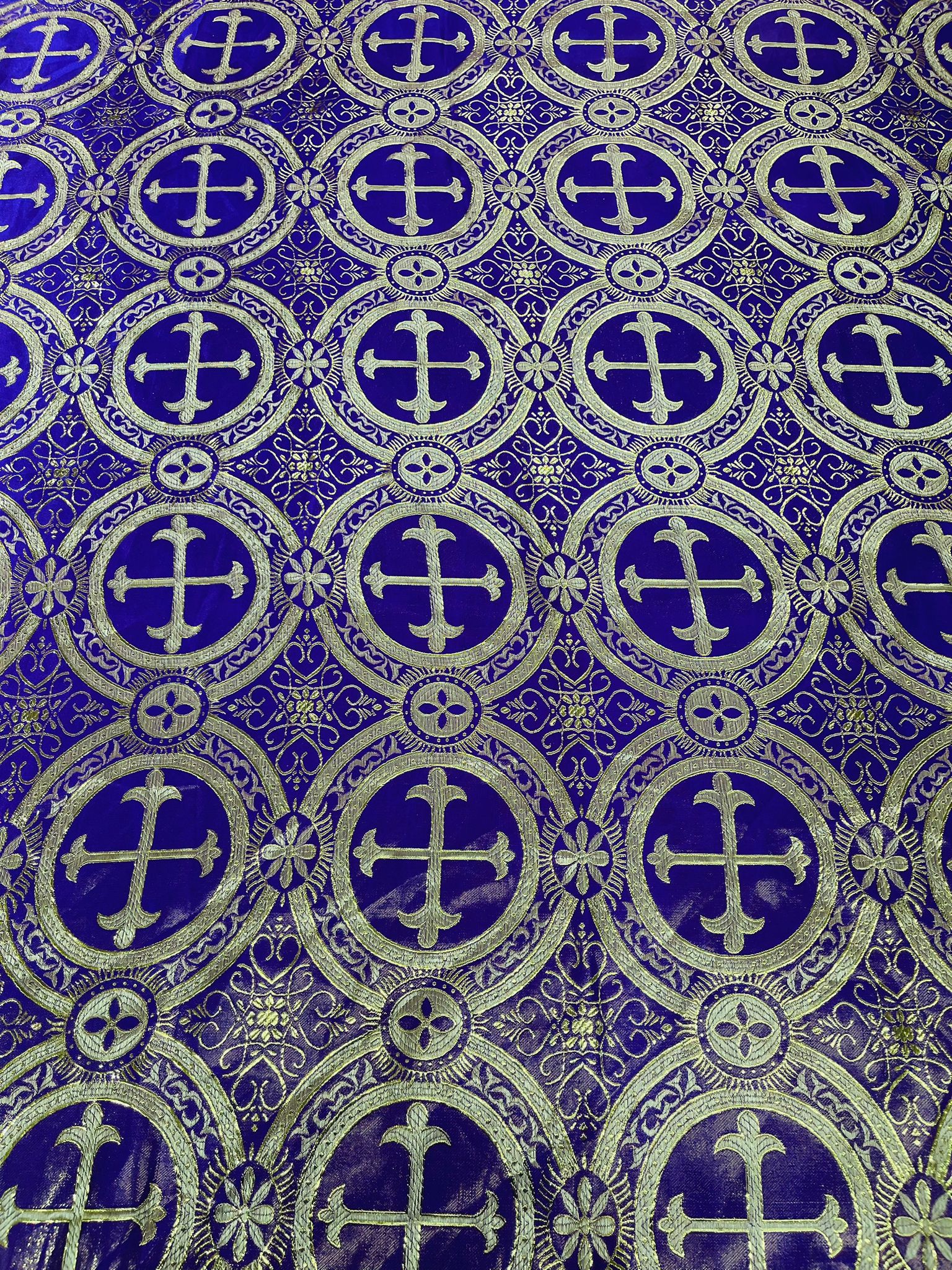 Purple/Gold - Rectangular Metallic Cross Brocade Jacquard Satin Tablecloth Overlay/Religious Brocade/Liturgical Fabric/Church. - New Creations Fabric & Foam Inc