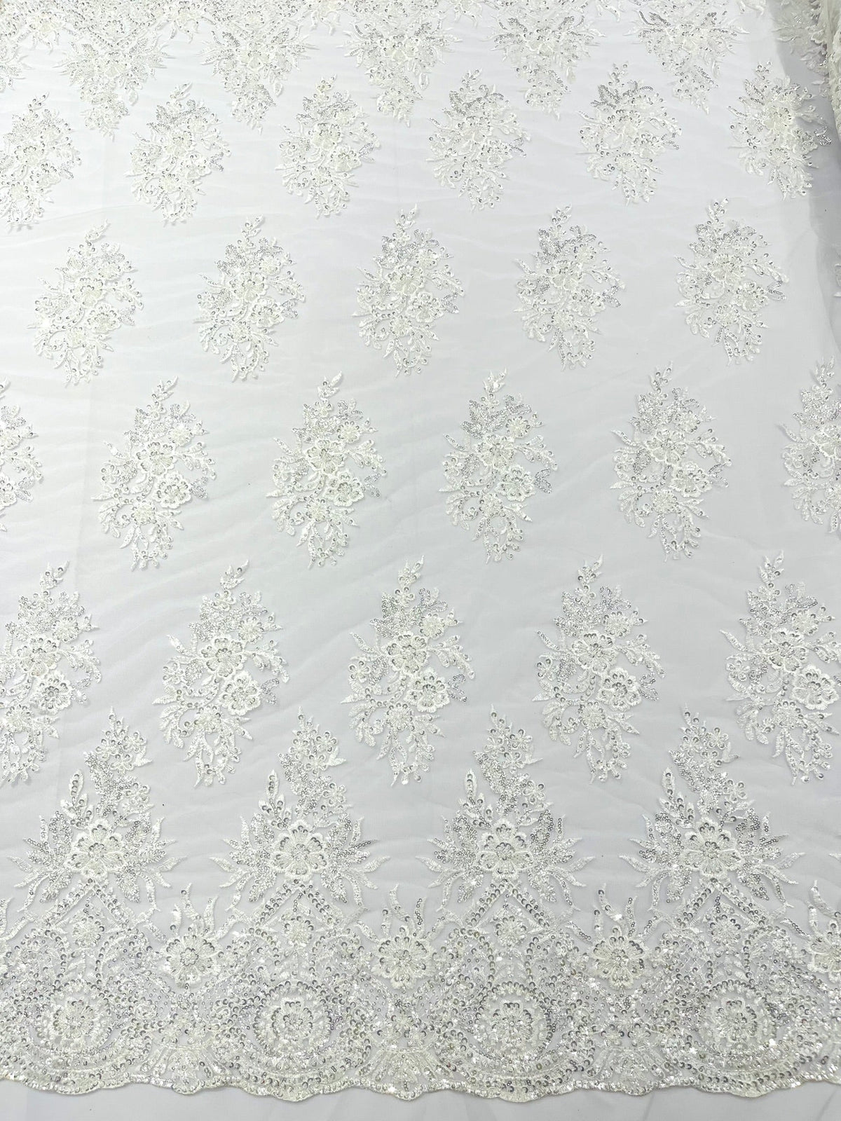 Queen Beaded Damask Lace On Mesh| 54" Wide| Wedding Fabric| Prom. - New Creations Fabric & Foam Inc