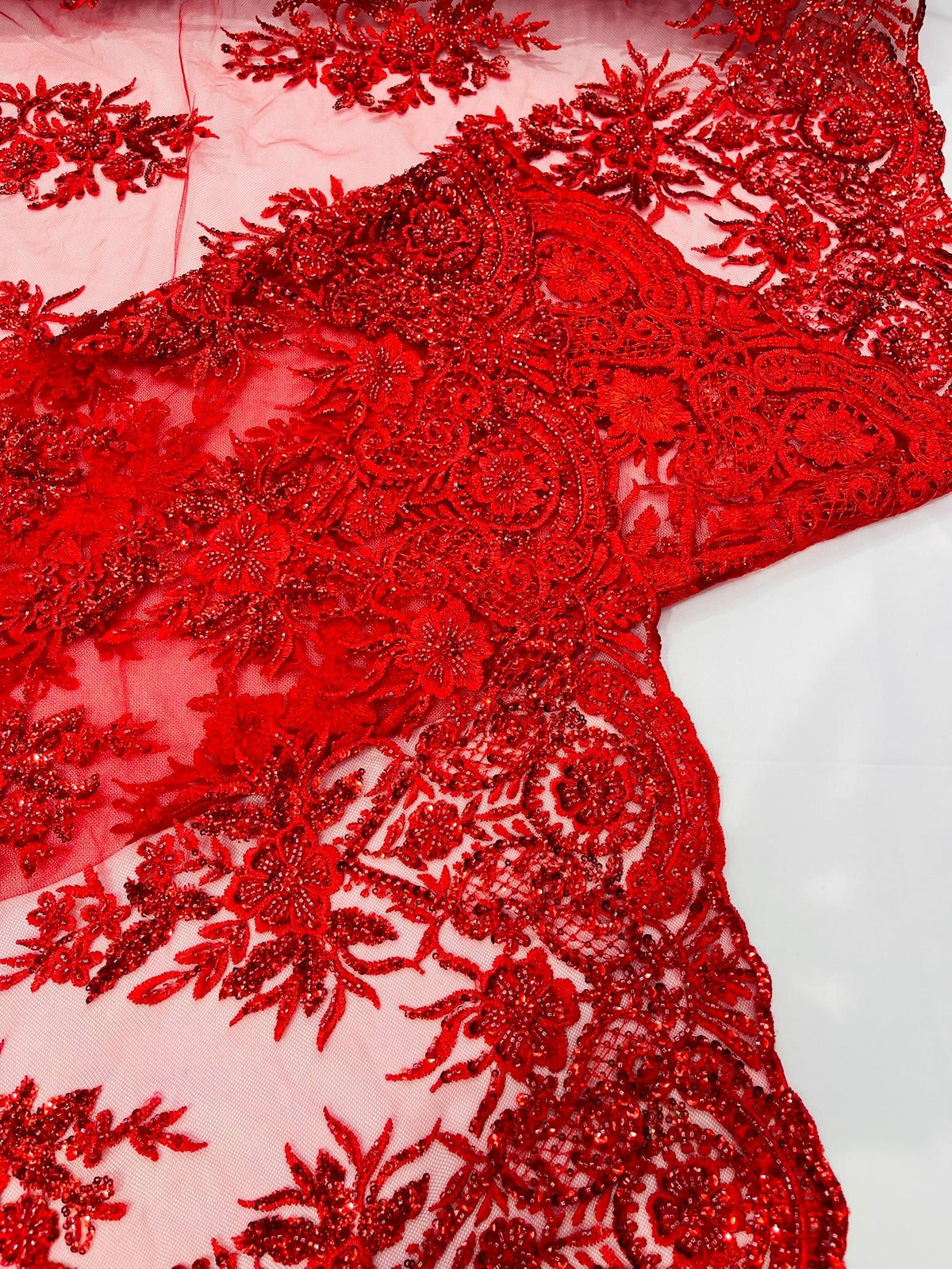 Queen Beaded Damask Lace On Mesh| 54" Wide| Wedding Fabric| Prom. - New Creations Fabric & Foam Inc