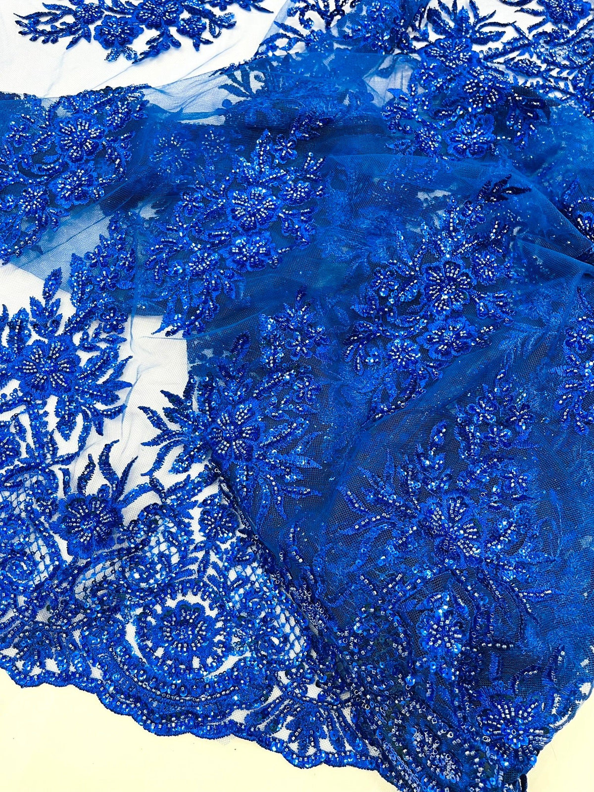 Queen Beaded Damask Lace On Mesh| 54" Wide| Wedding Fabric| Prom. - New Creations Fabric & Foam Inc