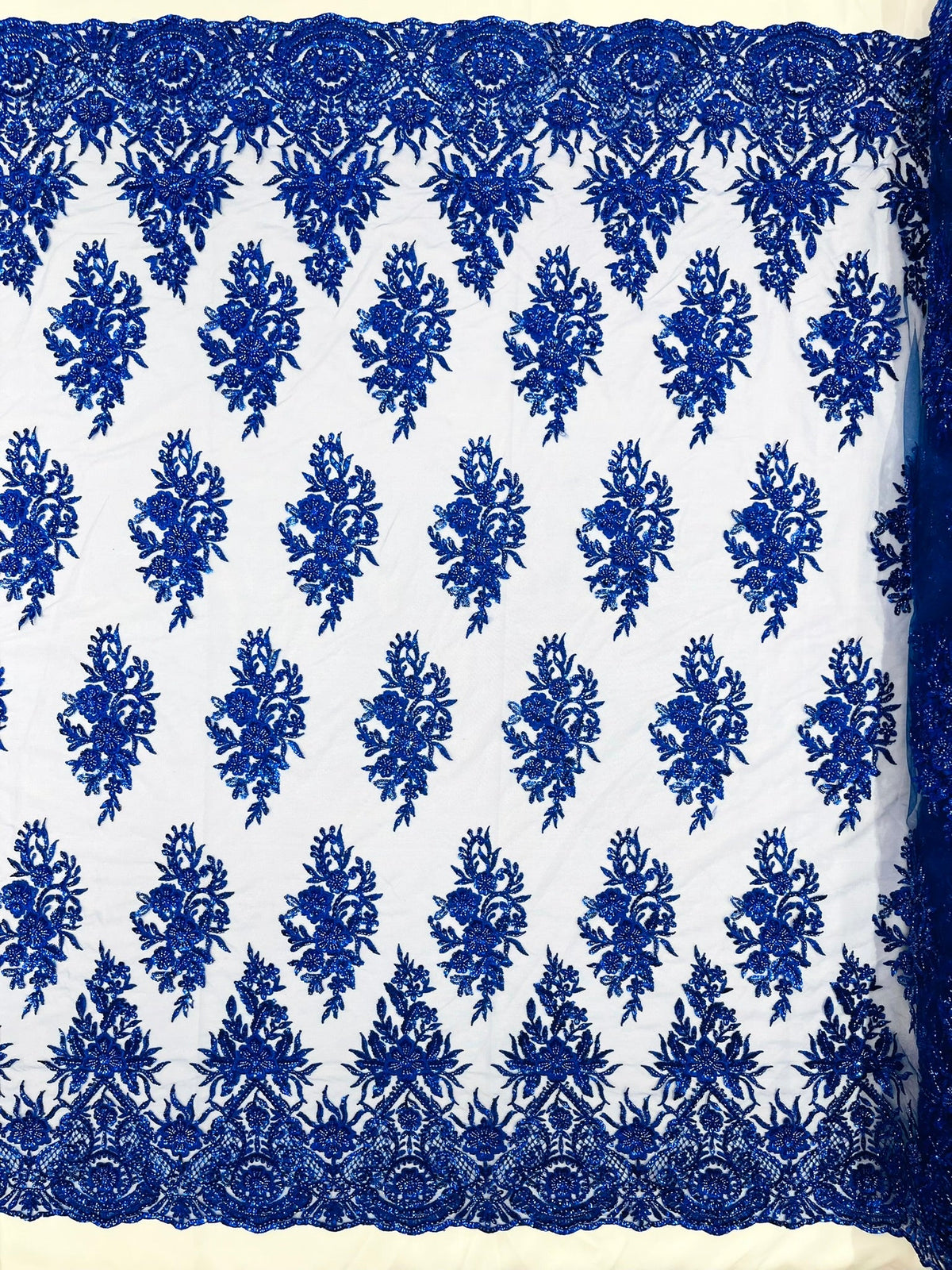Queen Beaded Damask Lace On Mesh| 54" Wide| Wedding Fabric| Prom. - New Creations Fabric & Foam Inc