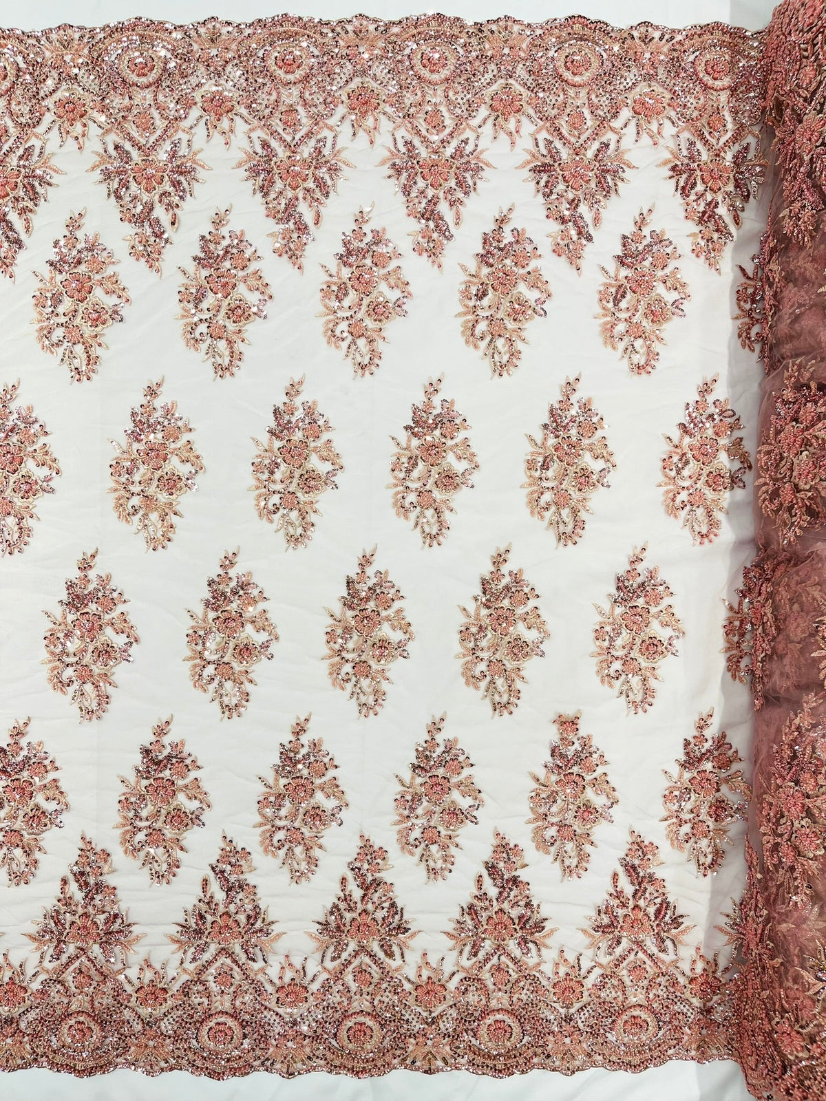 Queen Beaded Damask Lace On Mesh| 54" Wide| Wedding Fabric| Prom. - New Creations Fabric & Foam Inc