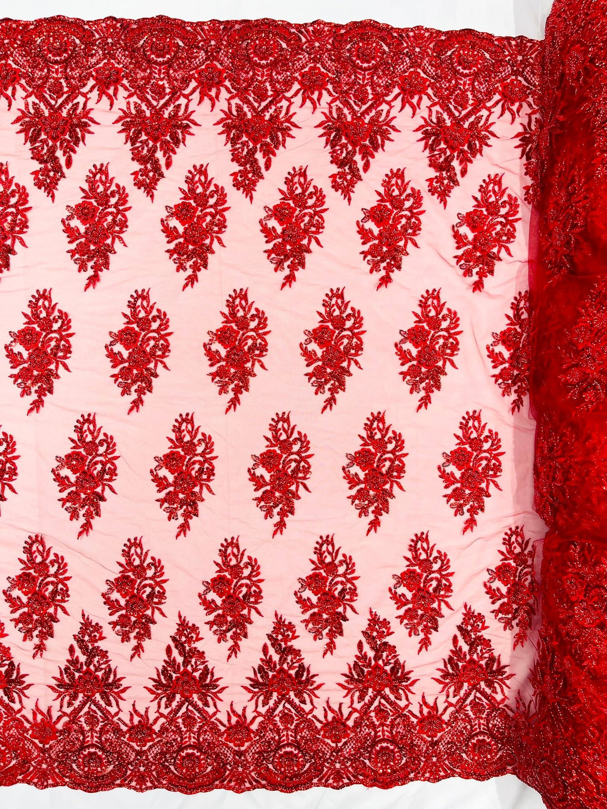 Queen Beaded Damask Lace On Mesh| 54" Wide| Wedding Fabric| Prom. - New Creations Fabric & Foam Inc