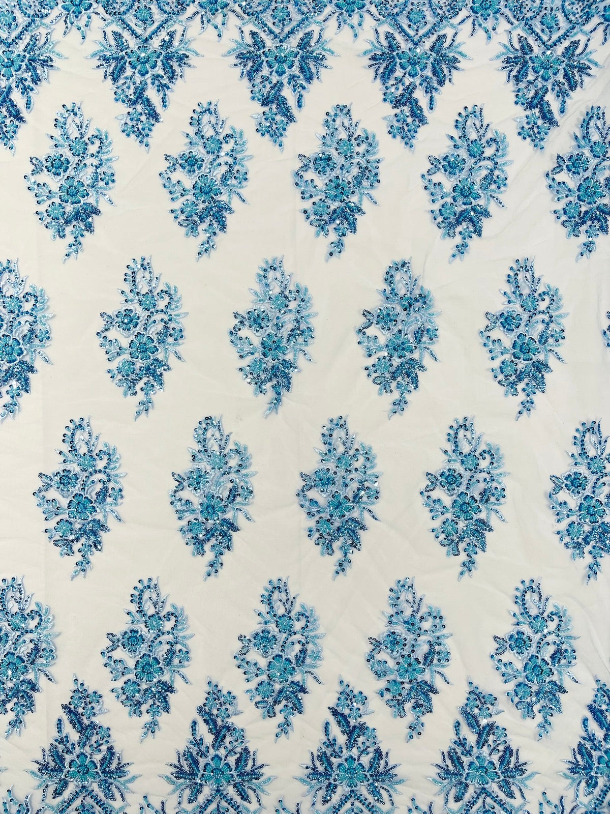 Queen Beaded Damask Lace On Mesh| 54" Wide| Wedding Fabric| Prom. - New Creations Fabric & Foam Inc