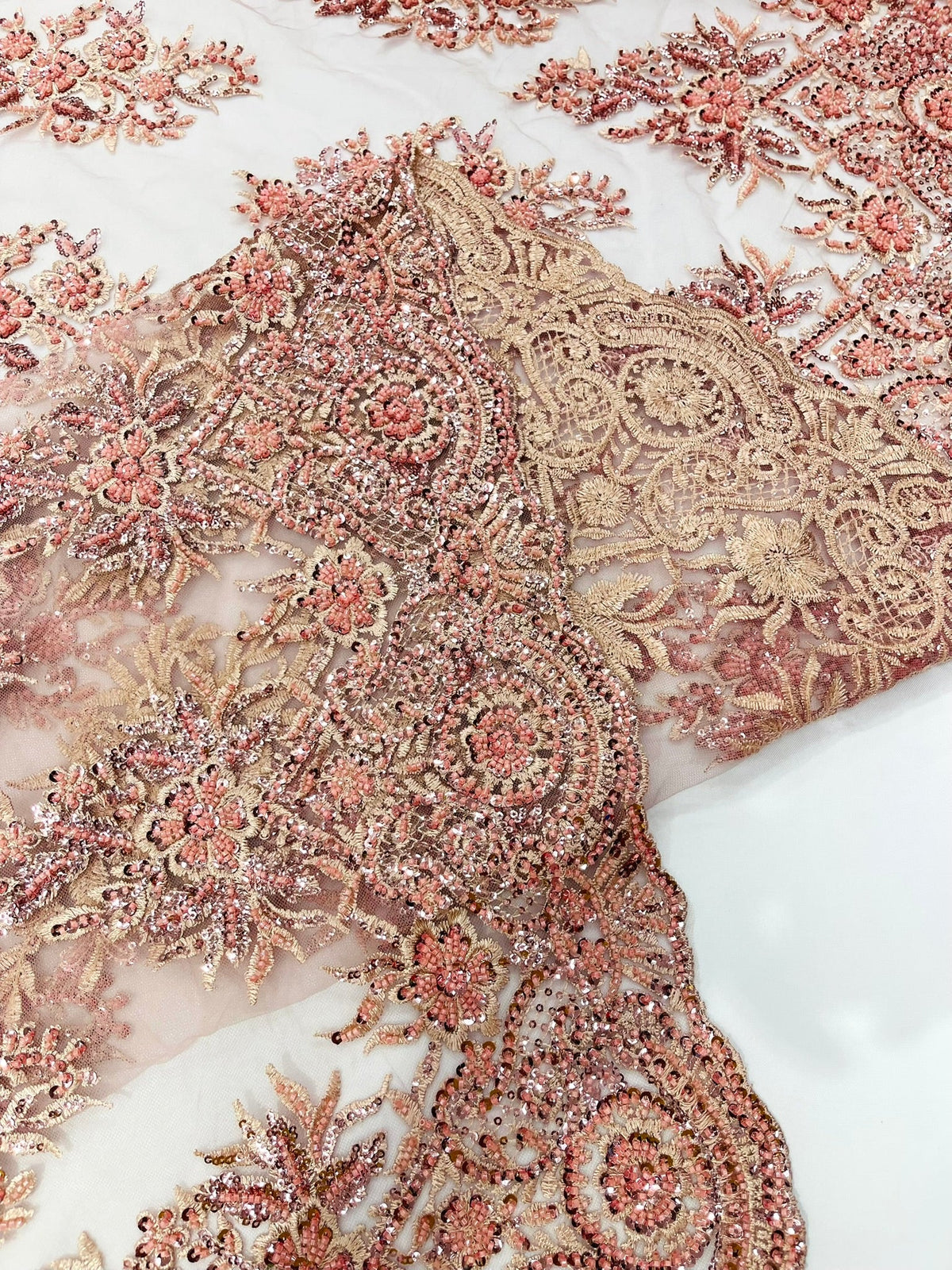 Queen Beaded Damask Lace On Mesh| 54" Wide| Wedding Fabric| Prom. - New Creations Fabric & Foam Inc