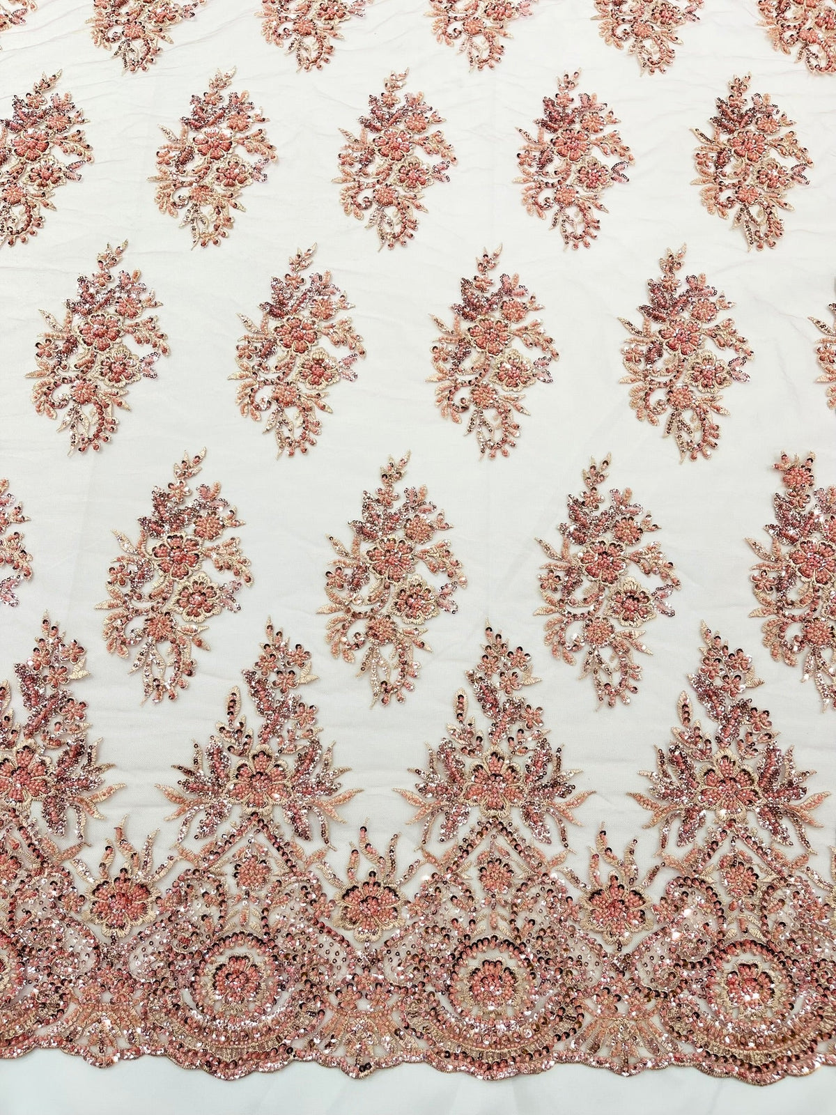 Queen Beaded Damask Lace On Mesh| 54" Wide| Wedding Fabric| Prom. - New Creations Fabric & Foam Inc