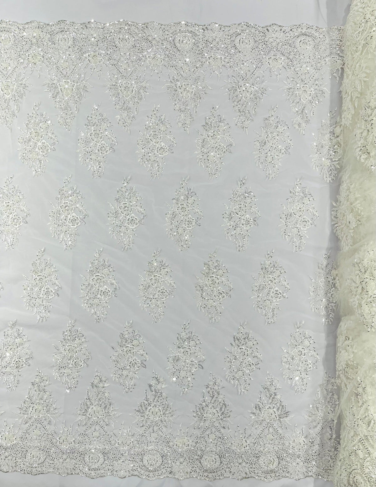 Queen Beaded Damask Lace On Mesh| 54" Wide| Wedding Fabric| Prom. - New Creations Fabric & Foam Inc