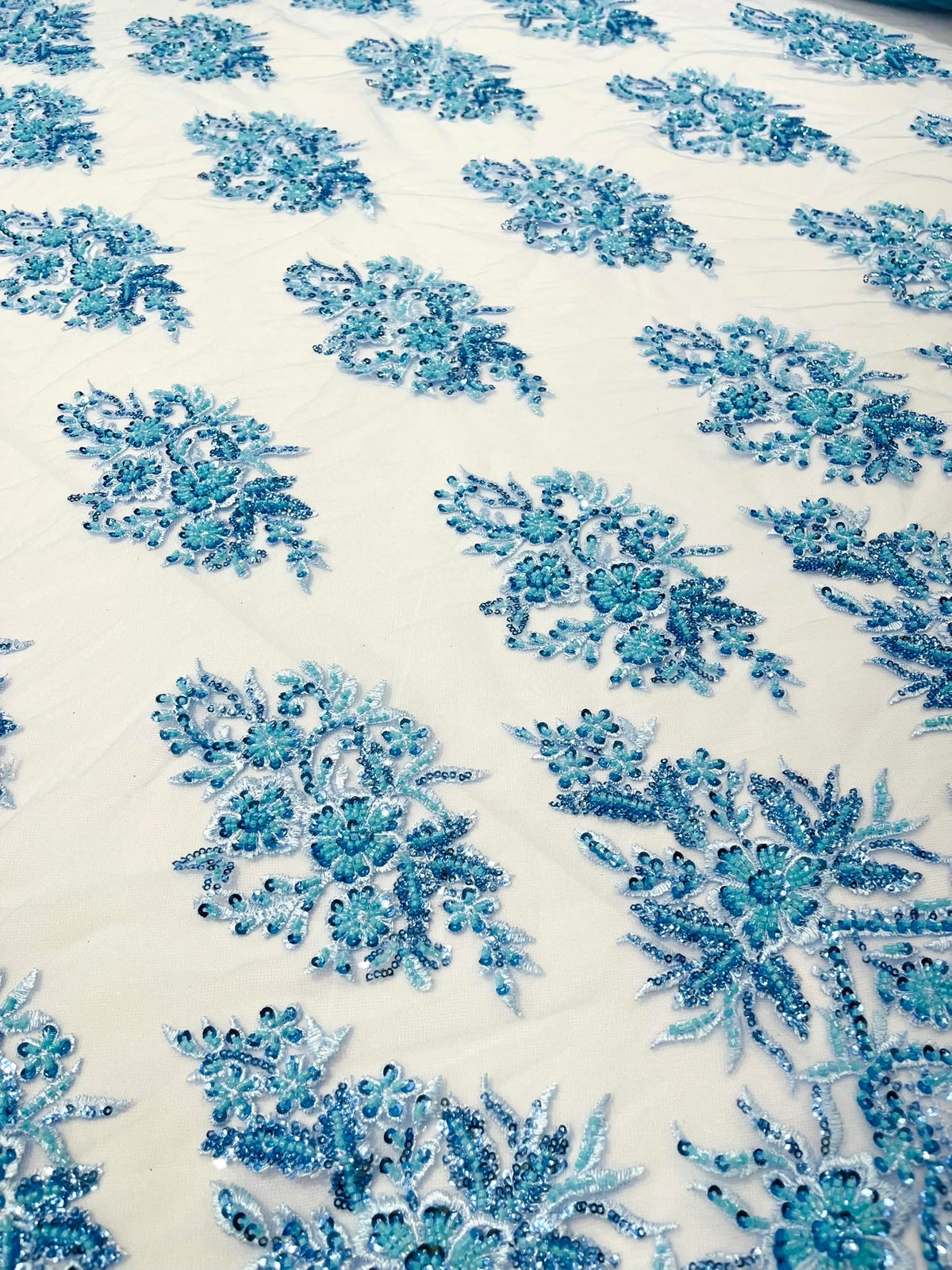 Queen Beaded Damask Lace On Mesh| 54" Wide| Wedding Fabric| Prom. - New Creations Fabric & Foam Inc