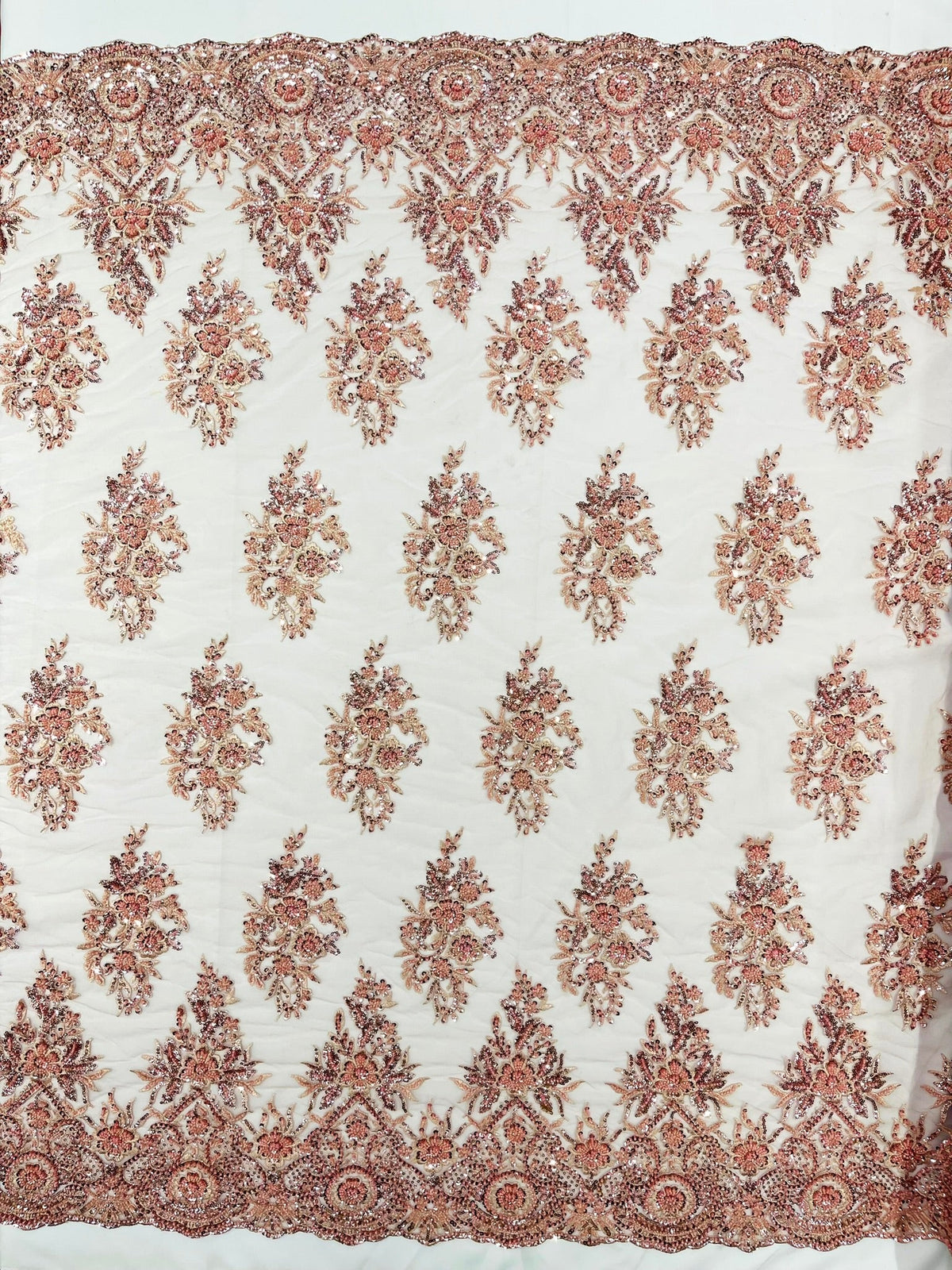 Queen Beaded Damask Lace On Mesh| 54" Wide| Wedding Fabric| Prom. - New Creations Fabric & Foam Inc