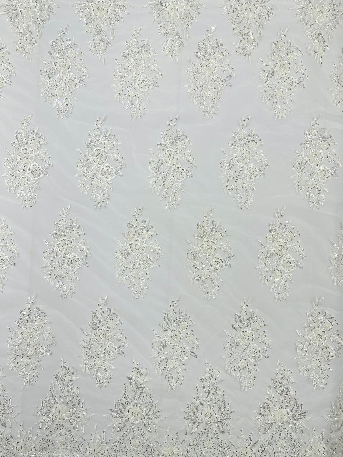 Queen Beaded Damask Lace On Mesh| 54" Wide| Wedding Fabric| Prom. - New Creations Fabric & Foam Inc
