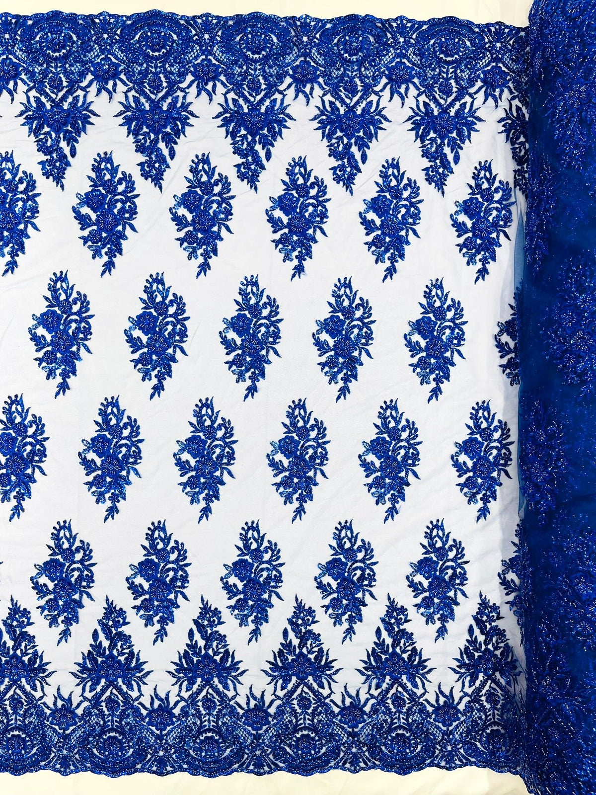 Queen Beaded Damask Lace On Mesh| 54" Wide| Wedding Fabric| Prom. - New Creations Fabric & Foam Inc