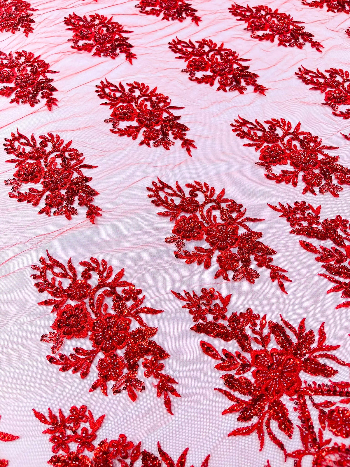 Queen Beaded Damask Lace On Mesh| 54" Wide| Wedding Fabric| Prom. - New Creations Fabric & Foam Inc