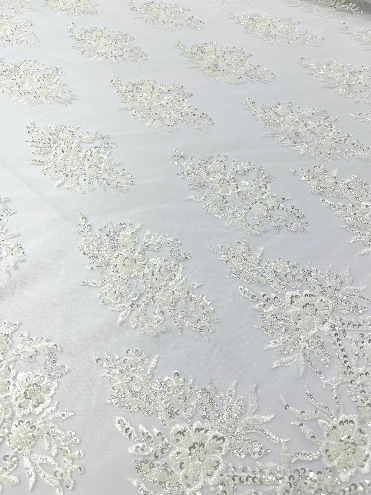 Queen Beaded Damask Lace On Mesh| 54" Wide| Wedding Fabric| Prom. - New Creations Fabric & Foam Inc