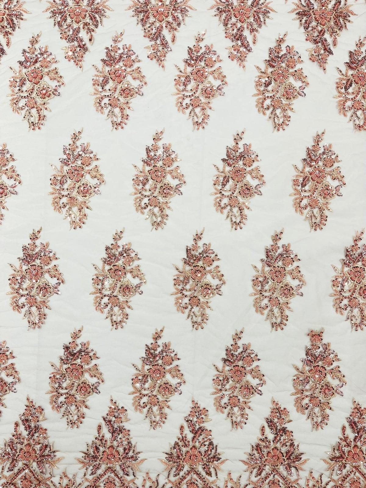 Queen Beaded Damask Lace On Mesh| 54" Wide| Wedding Fabric| Prom. - New Creations Fabric & Foam Inc