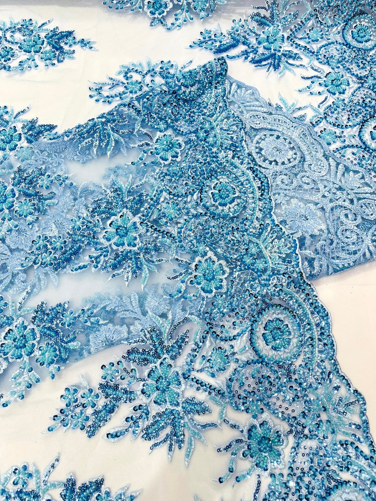 Queen Beaded Damask Lace On Mesh| 54" Wide| Wedding Fabric| Prom. - New Creations Fabric & Foam Inc