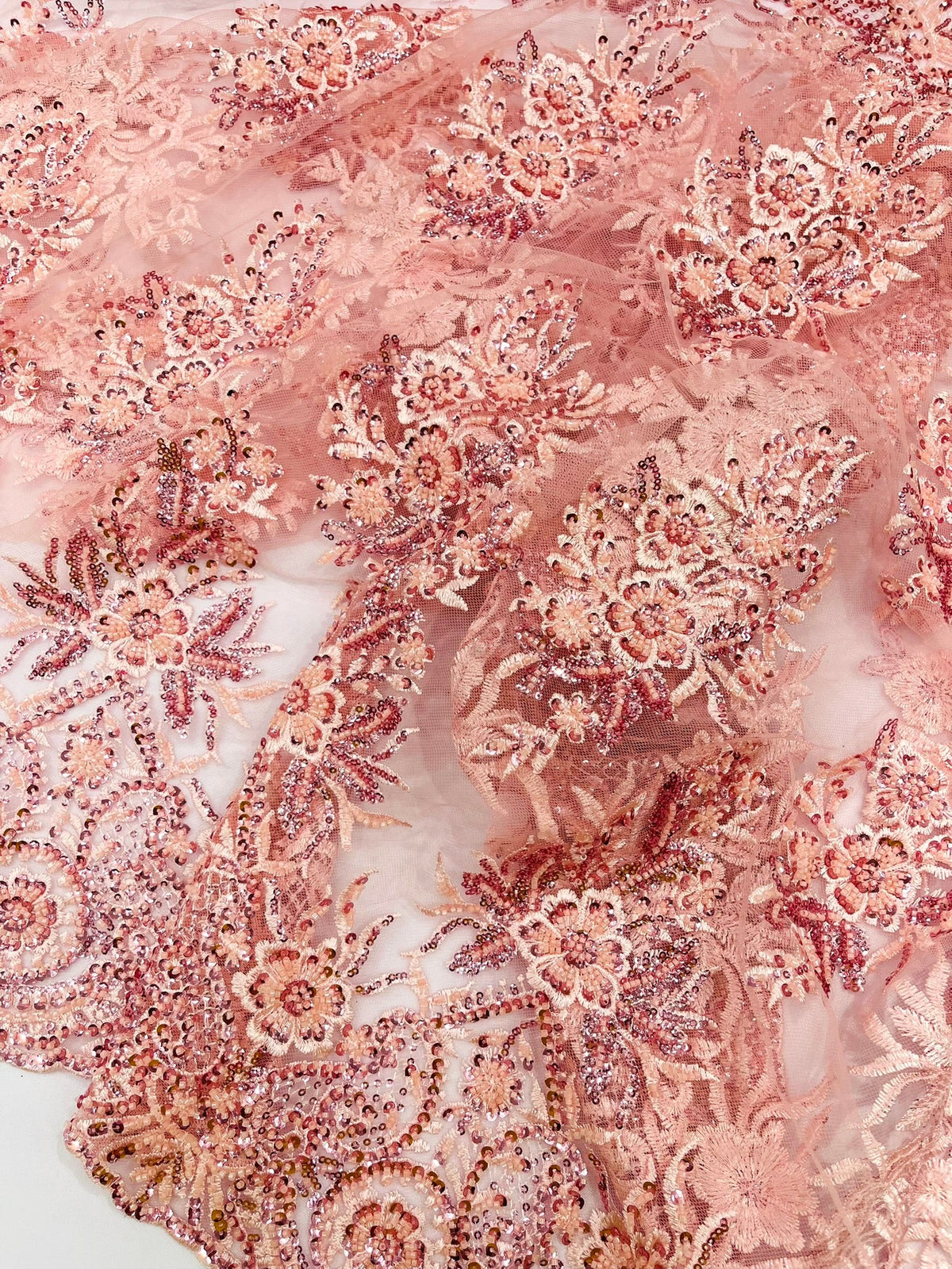 Queen Beaded Damask Lace On Mesh| 54" Wide| Wedding Fabric| Prom. - New Creations Fabric & Foam Inc