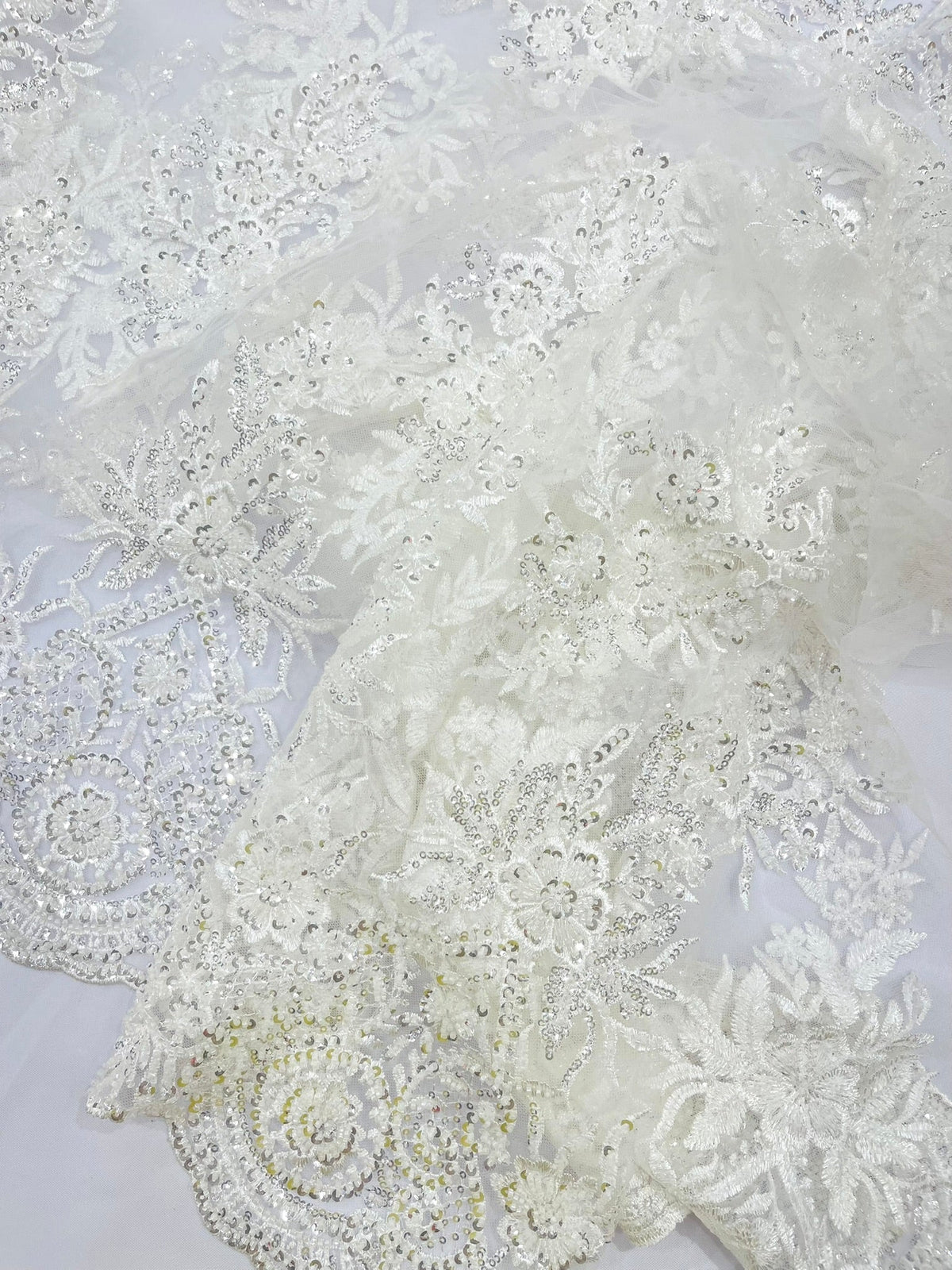 Queen Beaded Damask Lace On Mesh| 54" Wide| Wedding Fabric| Prom. - New Creations Fabric & Foam Inc