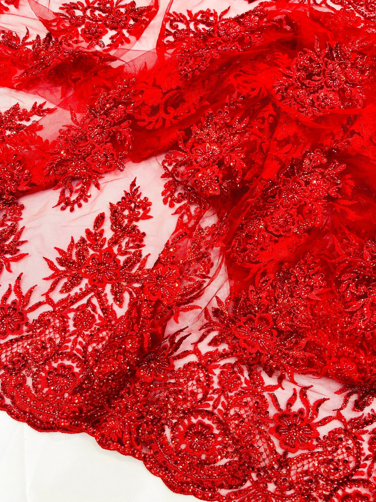 Queen Beaded Damask Lace On Mesh| 54" Wide| Wedding Fabric| Prom. - New Creations Fabric & Foam Inc