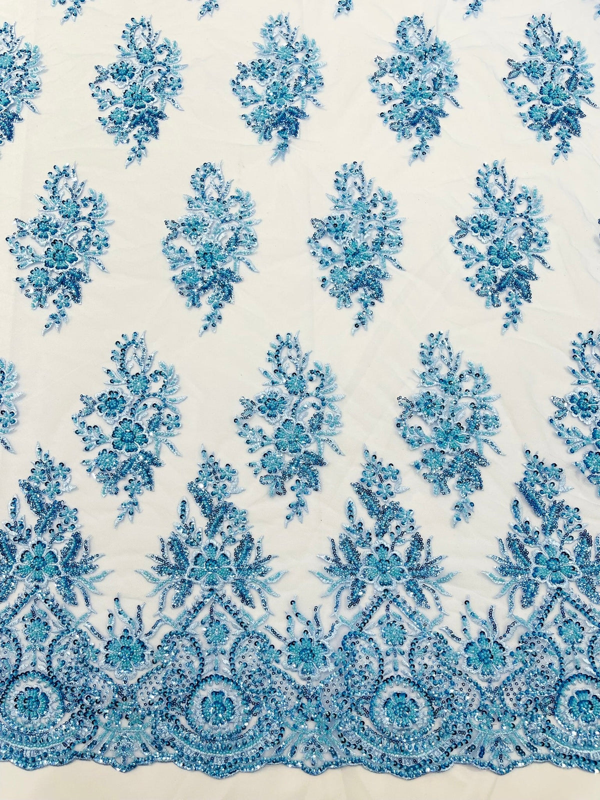 Queen Beaded Damask Lace On Mesh| 54" Wide| Wedding Fabric| Prom. - New Creations Fabric & Foam Inc