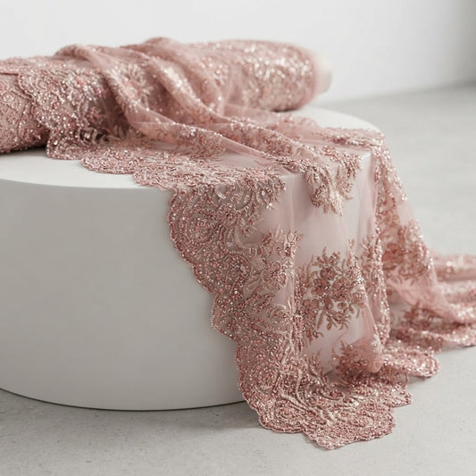Queen Beaded Damask Lace On Mesh| 54" Wide| Wedding Fabric| Prom. - New Creations Fabric & Foam Inc