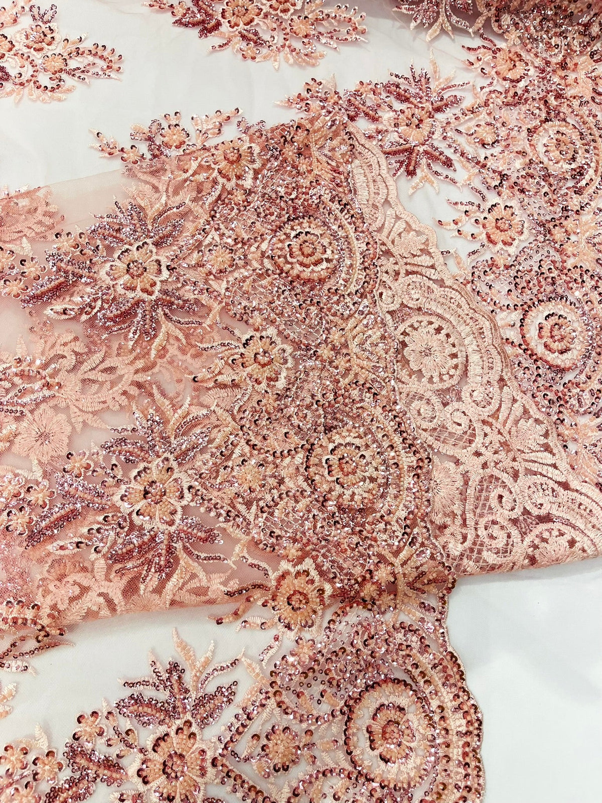Queen Beaded Damask Lace On Mesh| 54" Wide| Wedding Fabric| Prom. - New Creations Fabric & Foam Inc