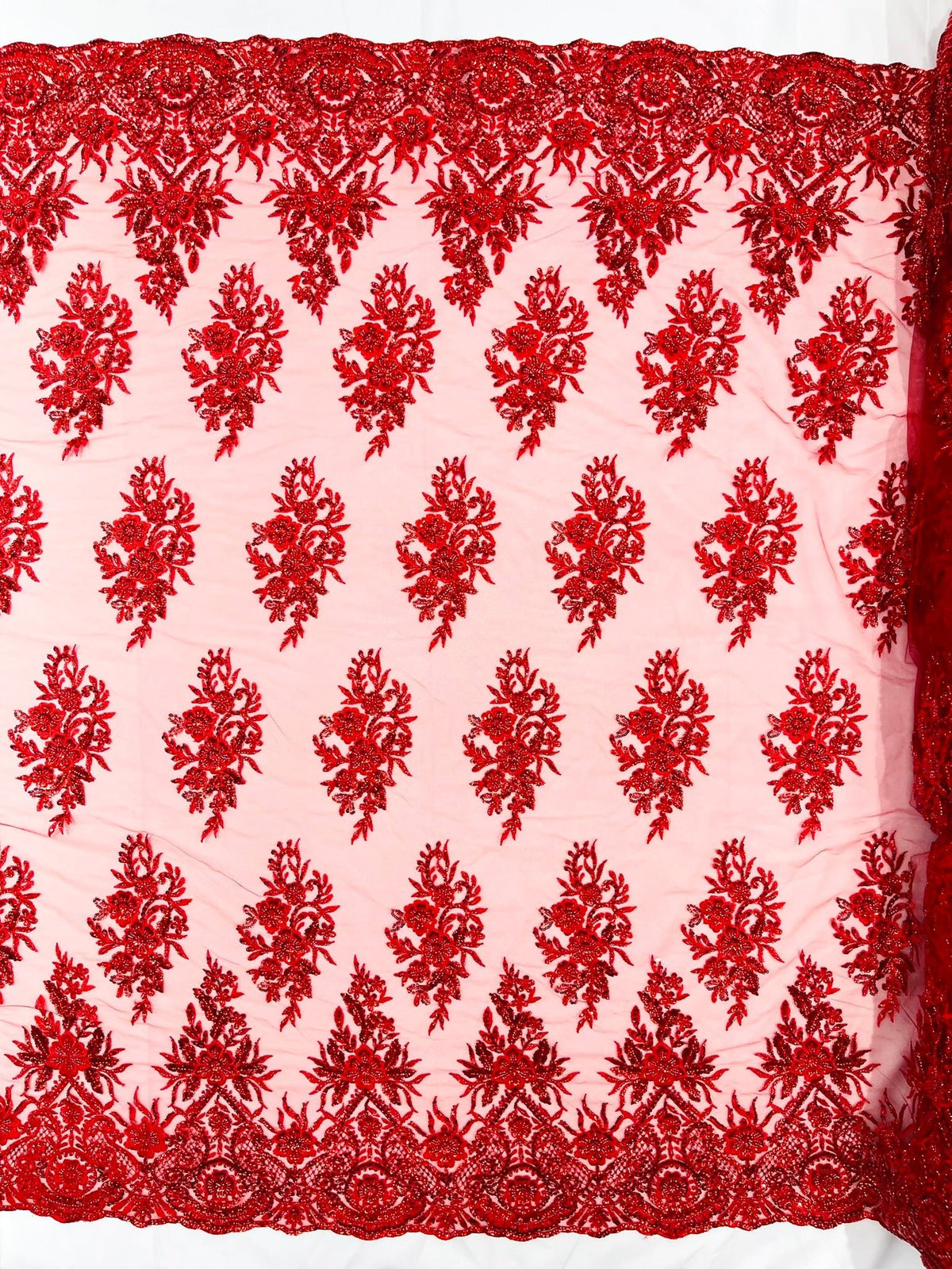 Queen Beaded Damask Lace On Mesh| 54" Wide| Wedding Fabric| Prom. - New Creations Fabric & Foam Inc