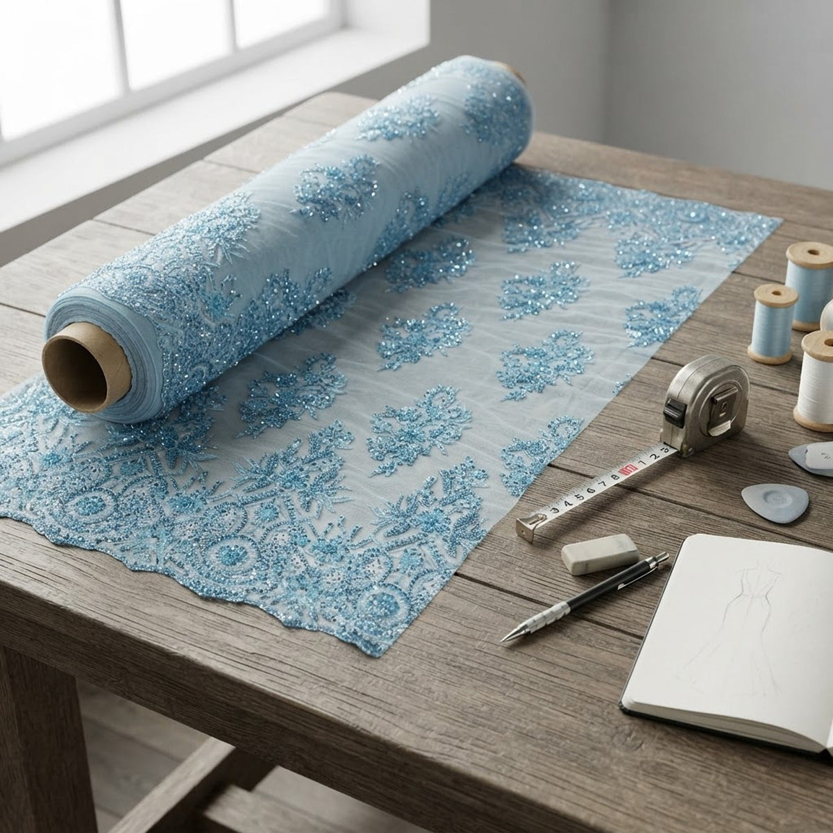Queen Beaded Damask Lace On Mesh| 54" Wide| Wedding Fabric| Prom. - New Creations Fabric & Foam Inc