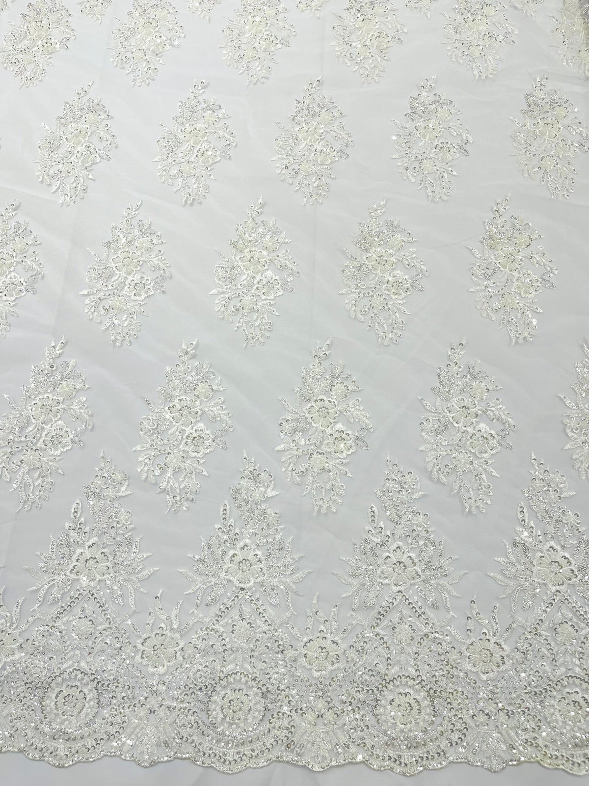 Queen Beaded Damask Lace On Mesh| 54" Wide| Wedding Fabric| Prom. - New Creations Fabric & Foam Inc
