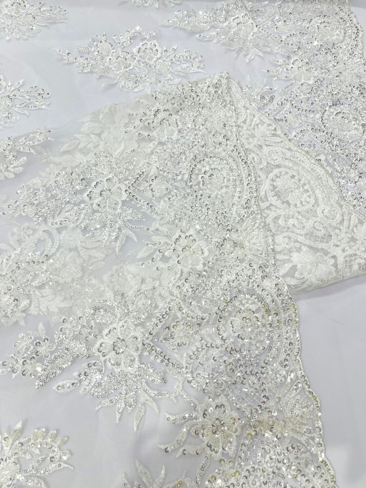 Queen Beaded Damask Lace On Mesh| 54" Wide| Wedding Fabric| Prom. - New Creations Fabric & Foam Inc