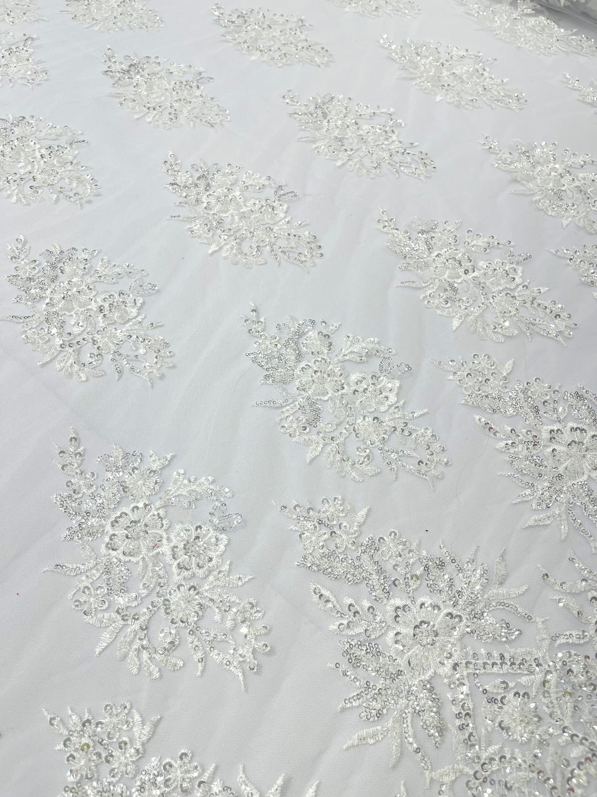 Queen Beaded Damask Lace On Mesh| 54" Wide| Wedding Fabric| Prom. - New Creations Fabric & Foam Inc
