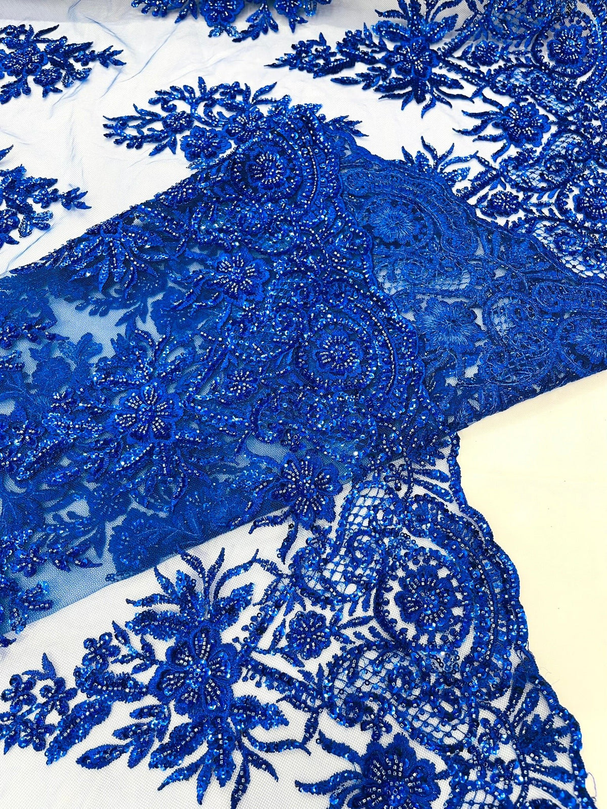 Queen Beaded Damask Lace On Mesh| 54" Wide| Wedding Fabric| Prom. - New Creations Fabric & Foam Inc