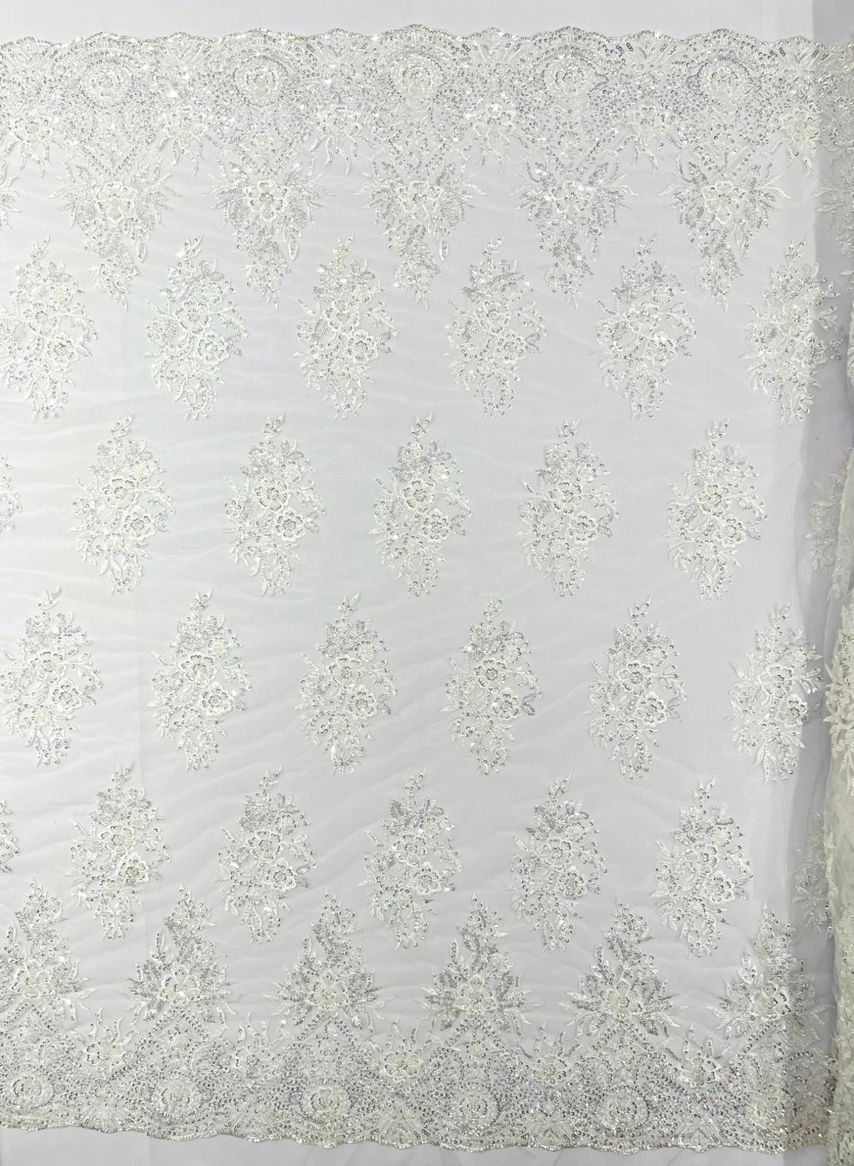 Queen Beaded Damask Lace On Mesh| 54" Wide| Wedding Fabric| Prom. - New Creations Fabric & Foam Inc