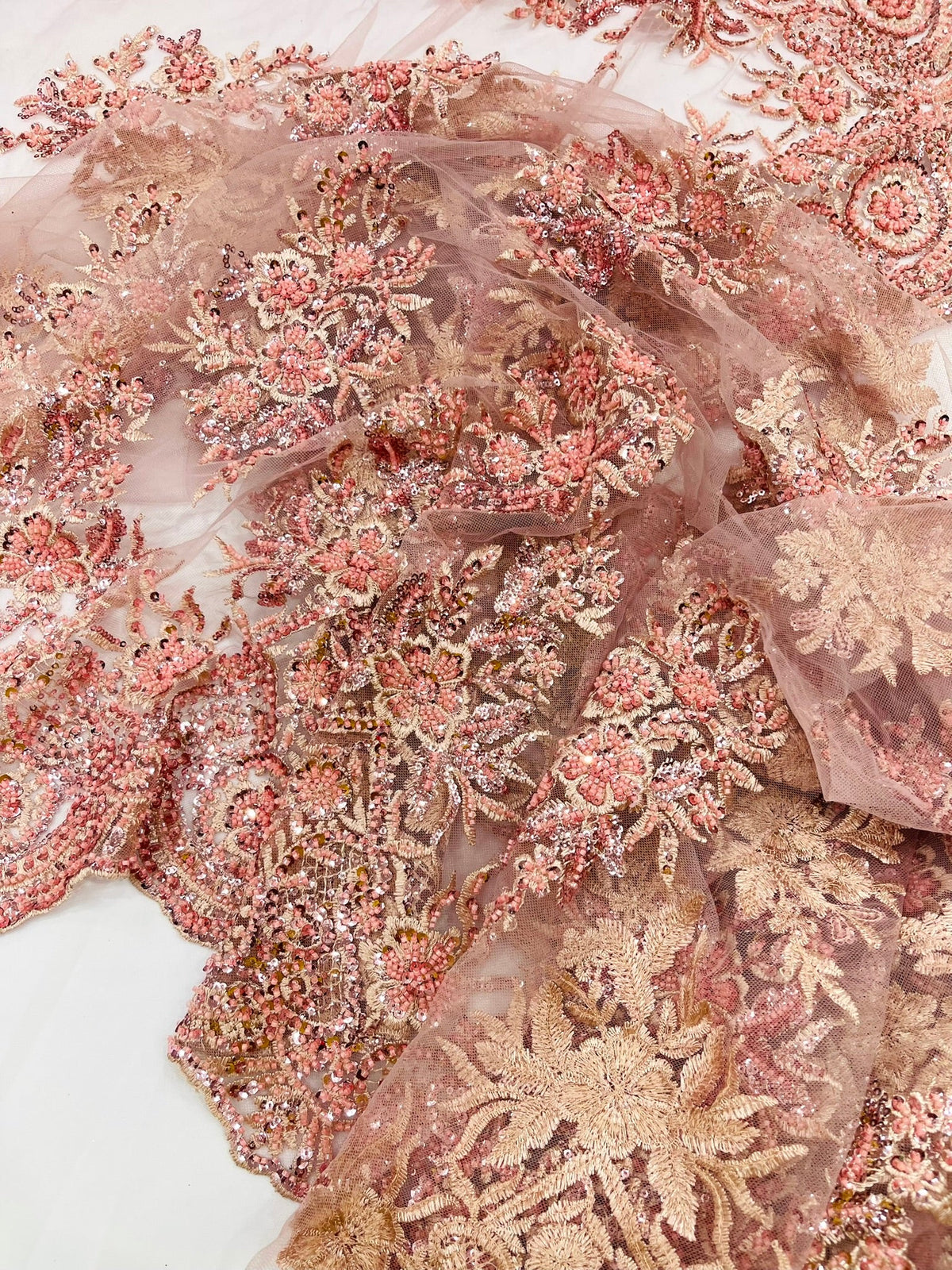 Queen Beaded Damask Lace On Mesh| 54" Wide| Wedding Fabric| Prom. - New Creations Fabric & Foam Inc
