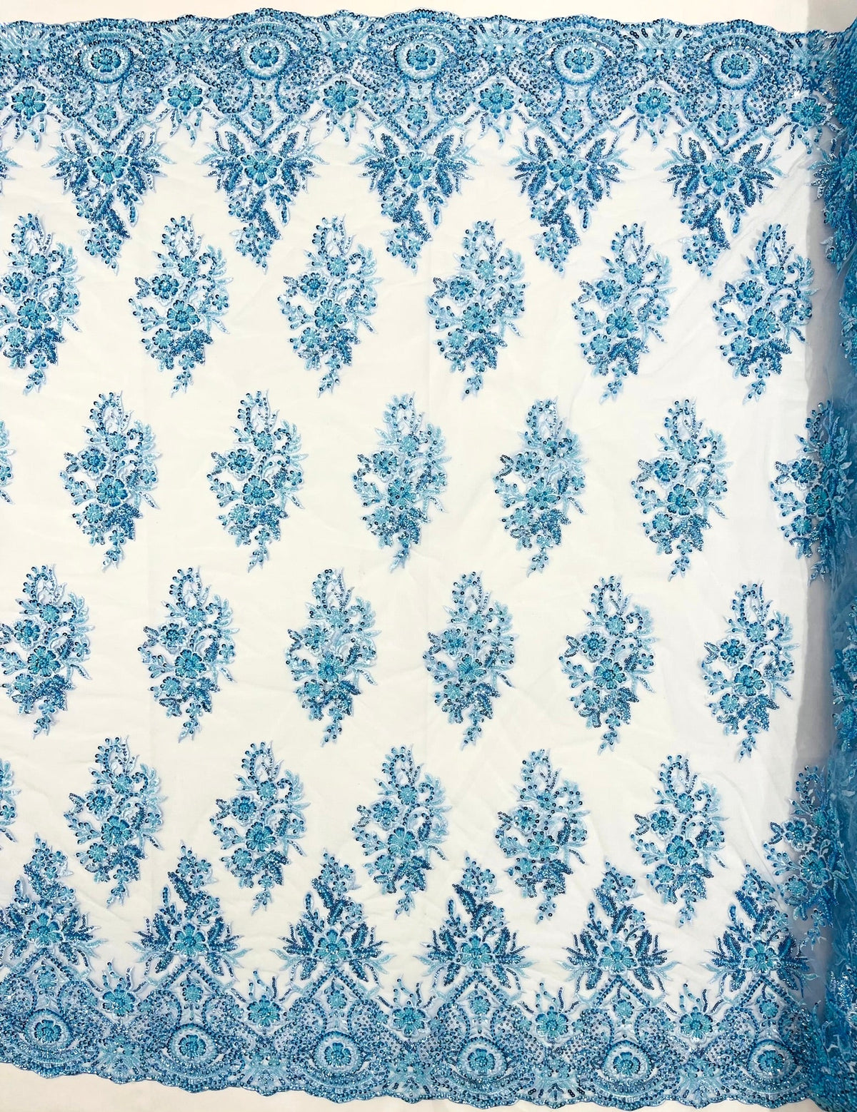 Queen Beaded Damask Lace On Mesh| 54" Wide| Wedding Fabric| Prom. - New Creations Fabric & Foam Inc
