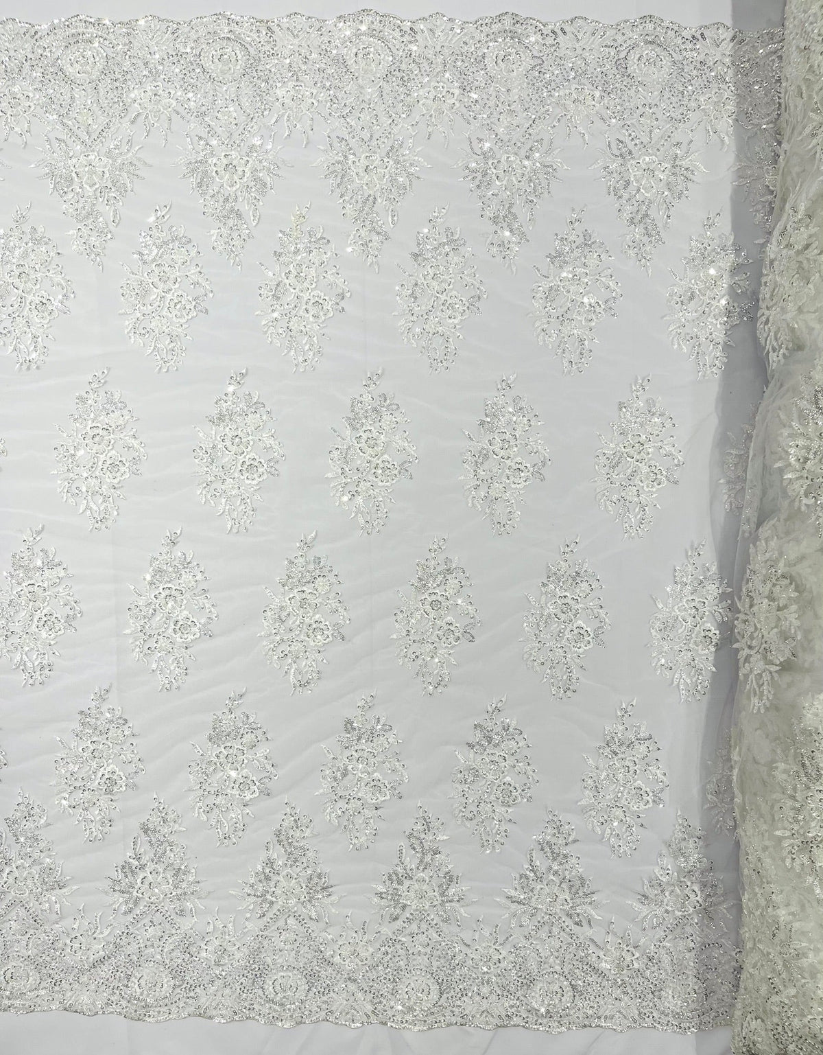 Queen Beaded Damask Lace On Mesh| 54" Wide| Wedding Fabric| Prom. - New Creations Fabric & Foam Inc
