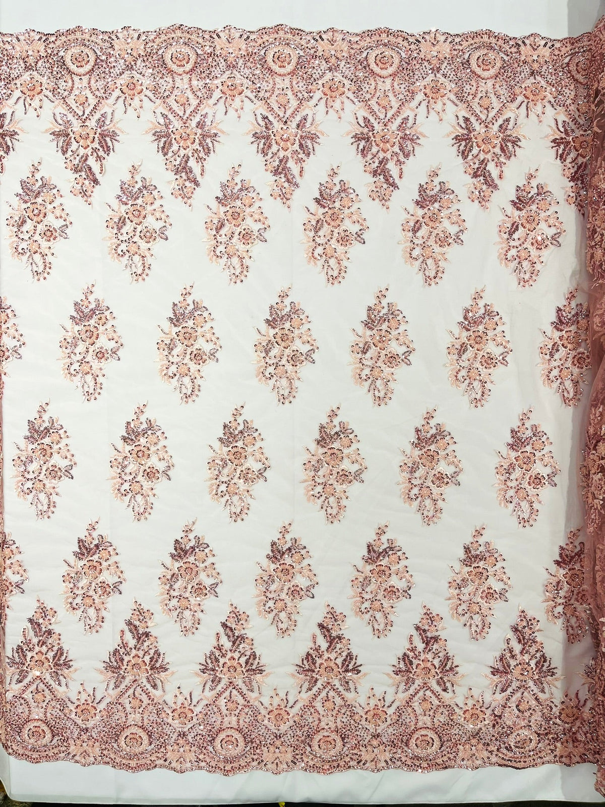 Queen Beaded Damask Lace On Mesh| 54" Wide| Wedding Fabric| Prom. - New Creations Fabric & Foam Inc
