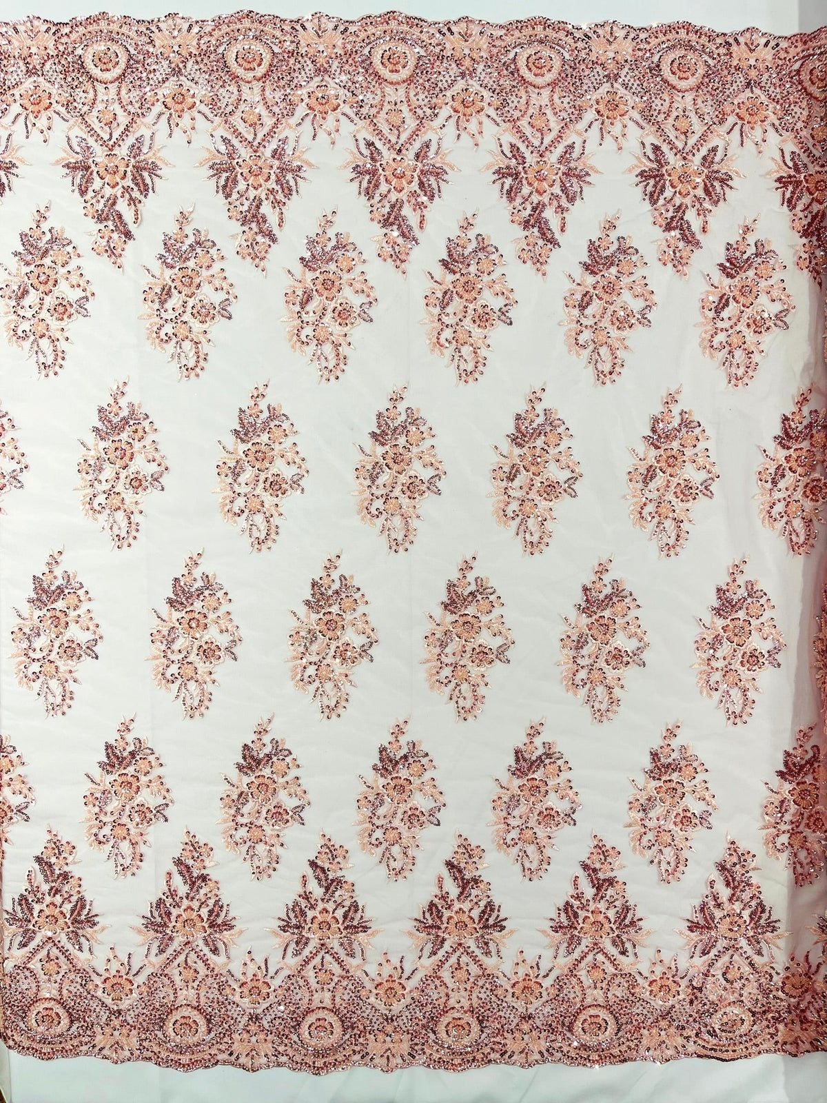 Queen Beaded Damask Lace On Mesh| 54" Wide| Wedding Fabric| Prom. - New Creations Fabric & Foam Inc