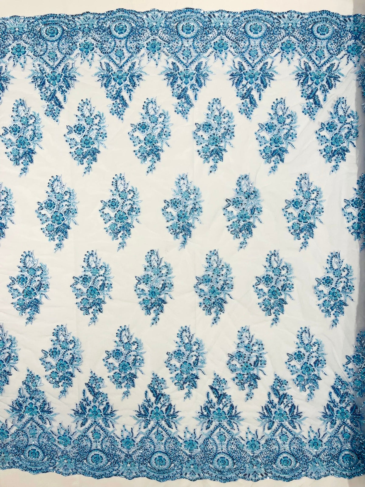 Queen Beaded Damask Lace On Mesh| 54" Wide| Wedding Fabric| Prom. - New Creations Fabric & Foam Inc