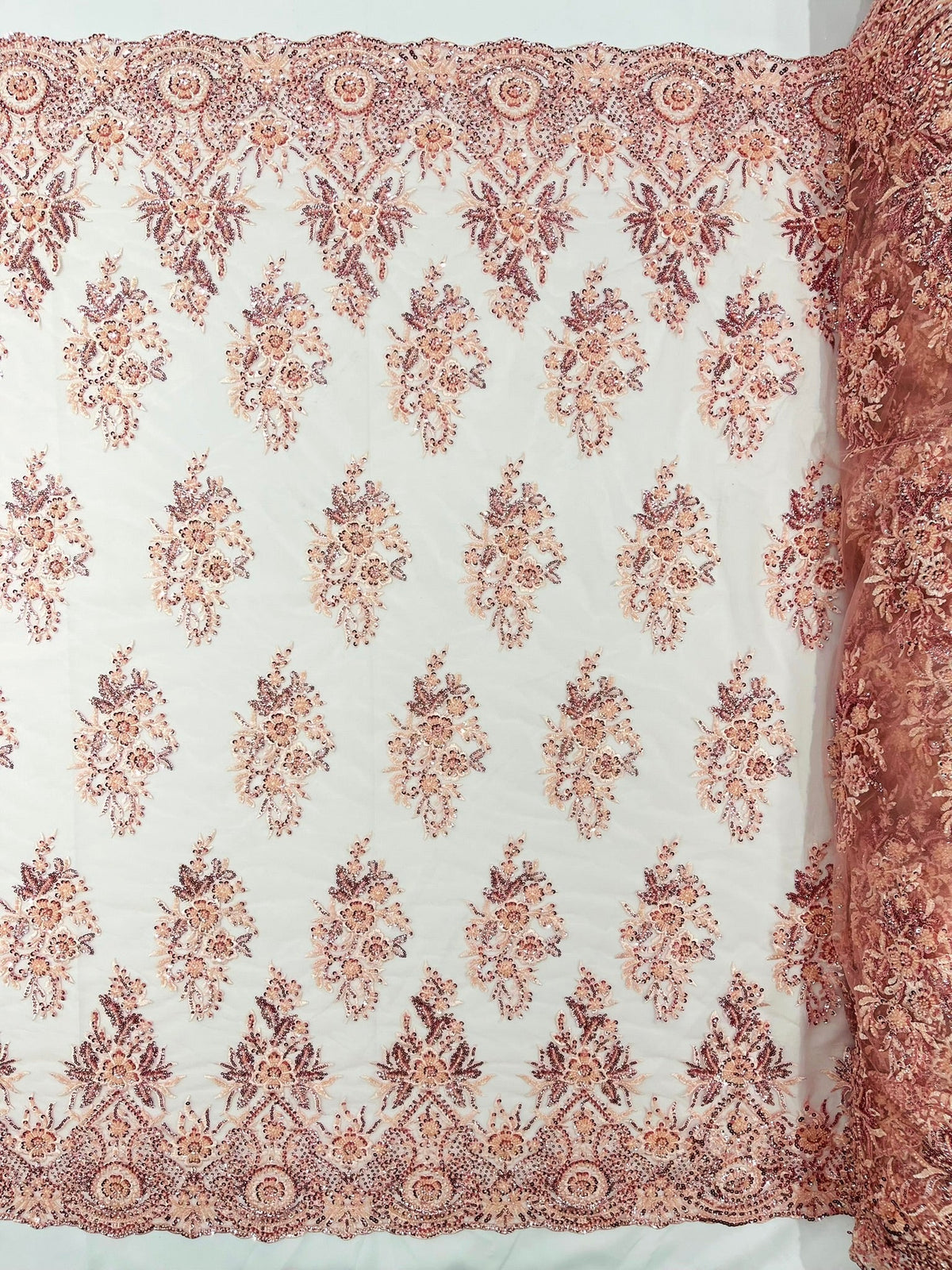 Queen Beaded Damask Lace On Mesh| 54" Wide| Wedding Fabric| Prom. - New Creations Fabric & Foam Inc