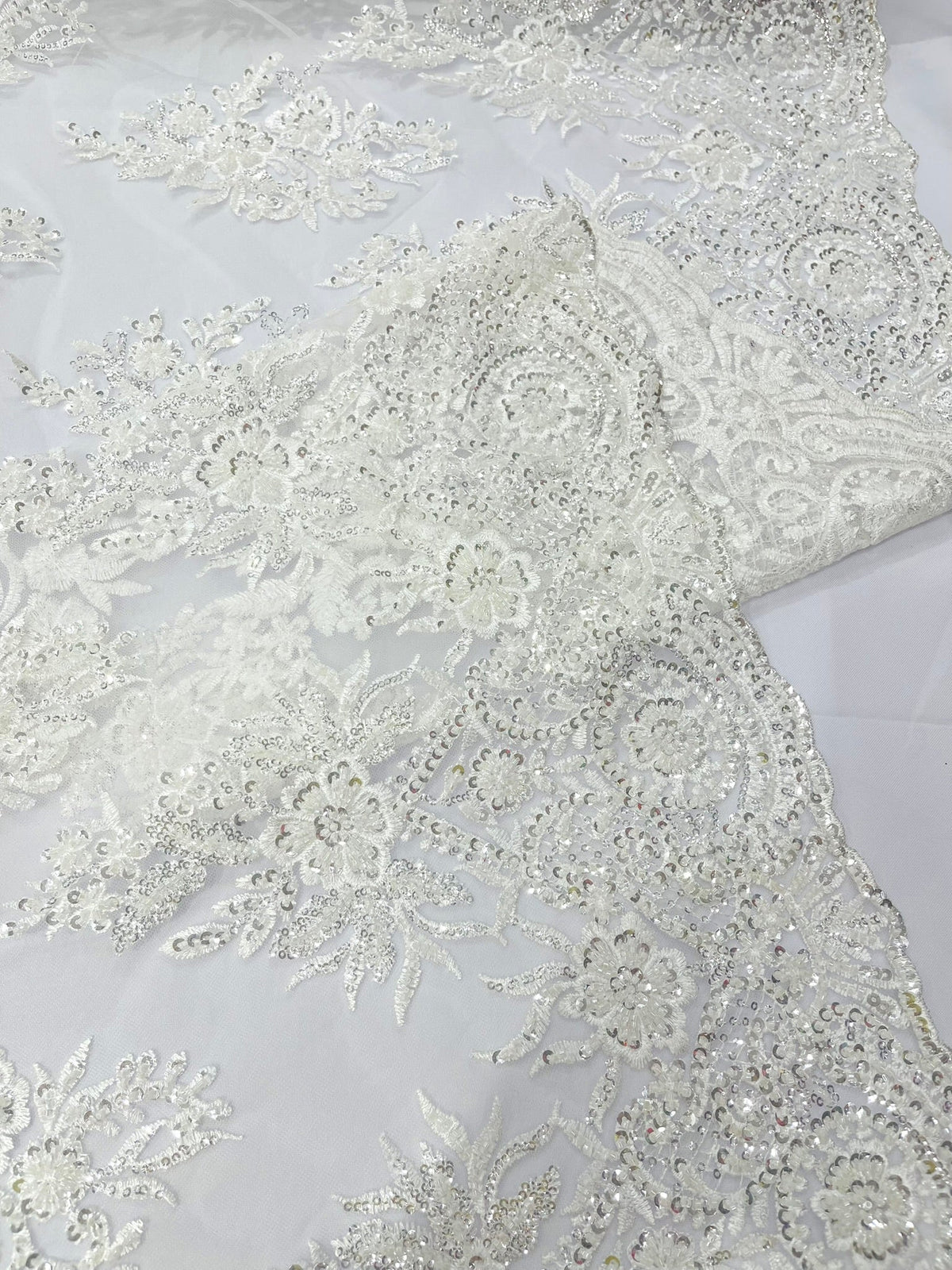 Queen Beaded Damask Lace On Mesh| 54" Wide| Wedding Fabric| Prom. - New Creations Fabric & Foam Inc