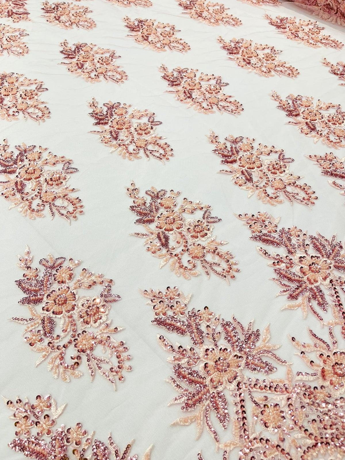 Queen Beaded Damask Lace On Mesh| 54" Wide| Wedding Fabric| Prom. - New Creations Fabric & Foam Inc