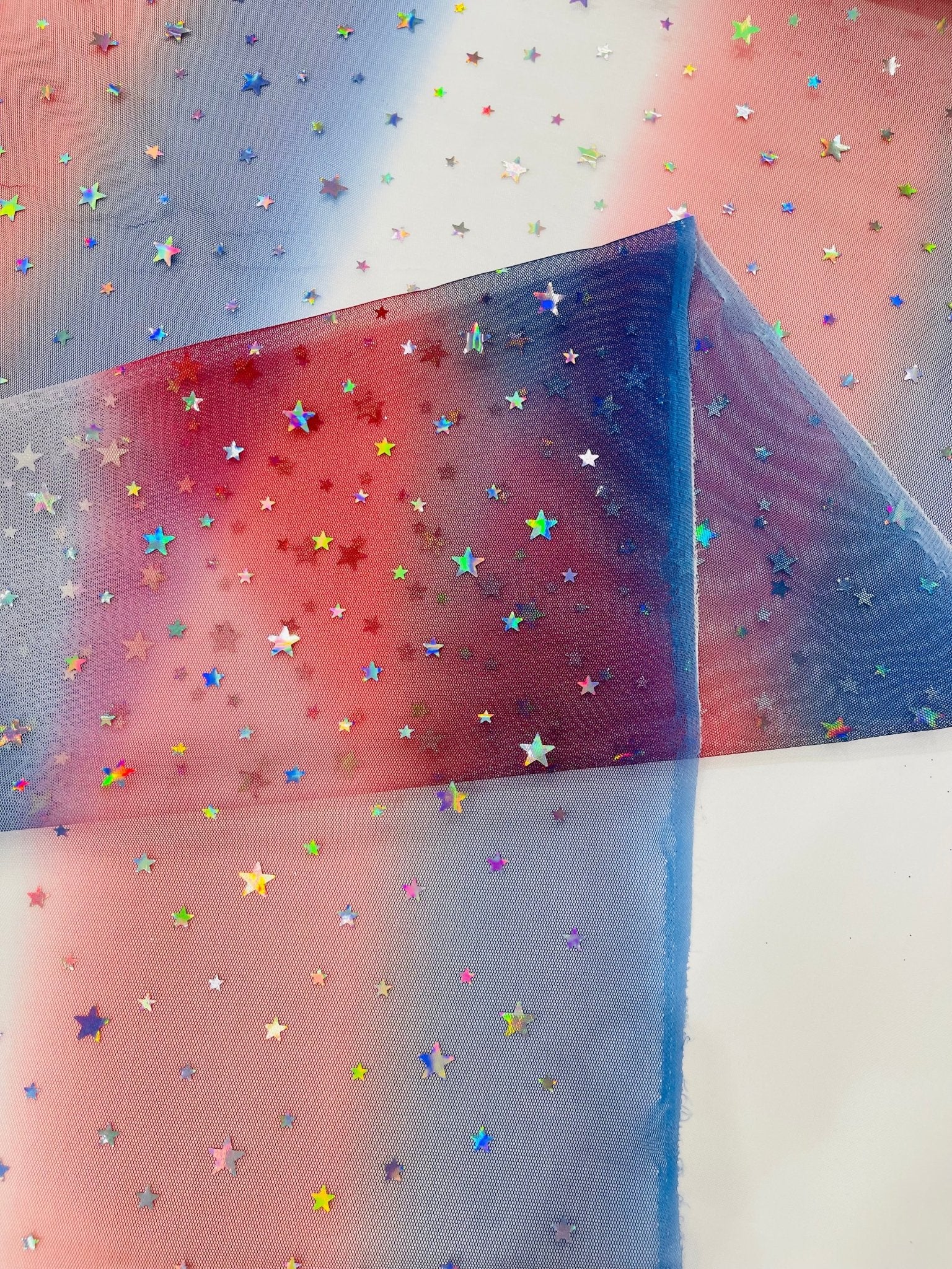 Red Blue And White Tie Dyed Mesh With Silver Stars Fabric| 58" Wide| 4th Of July. - New Creations Fabric & Foam Inc