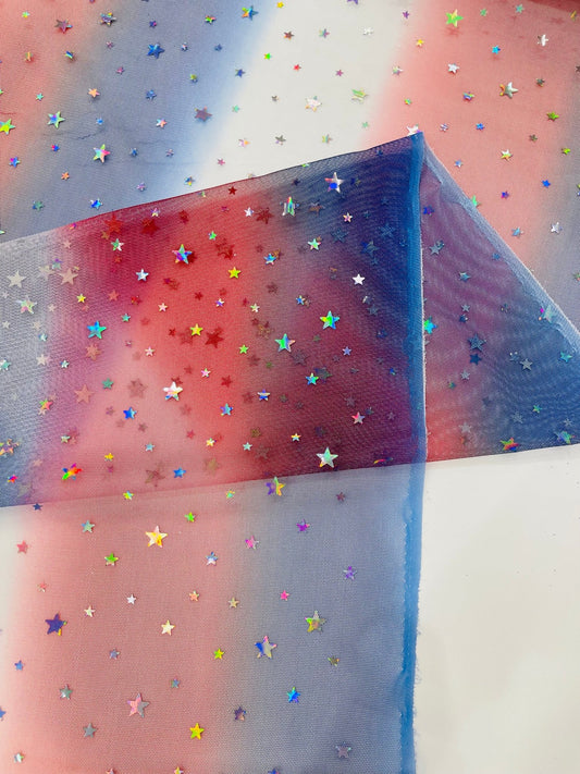 Red Blue And White Tie Dyed Mesh With Silver Stars Fabric| 58" Wide| 4th Of July. - New Creations Fabric & Foam Inc
